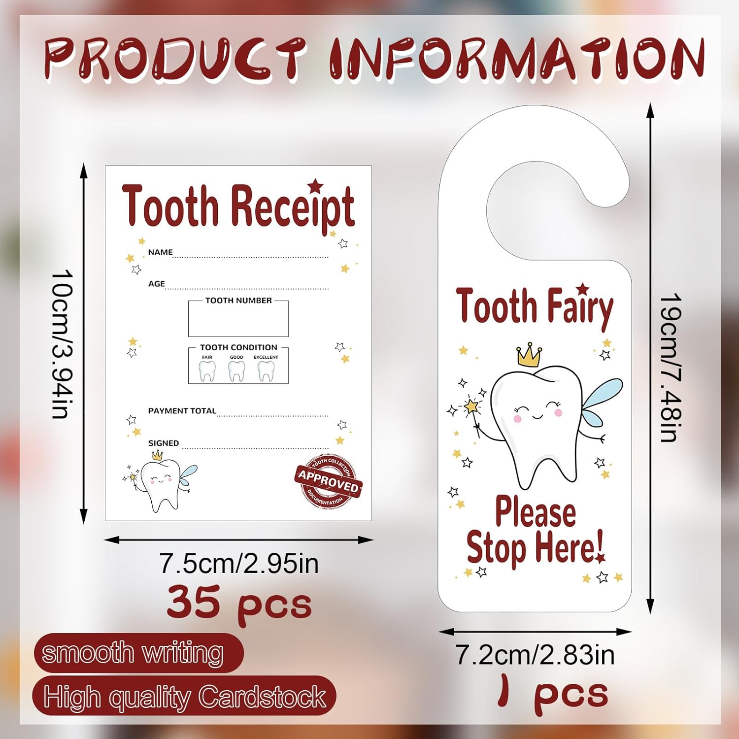 Tooth Fairy Bag Set - 1 Bag 1 Door Hanger 35 Receipts