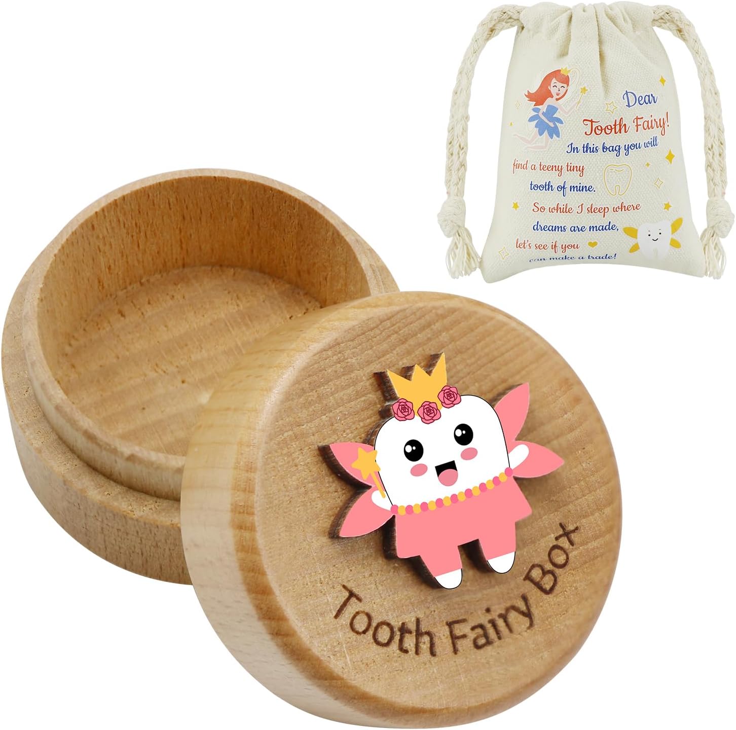 Tooth Fairy Box with Pouch - Pink 3D Wooden Keepsake