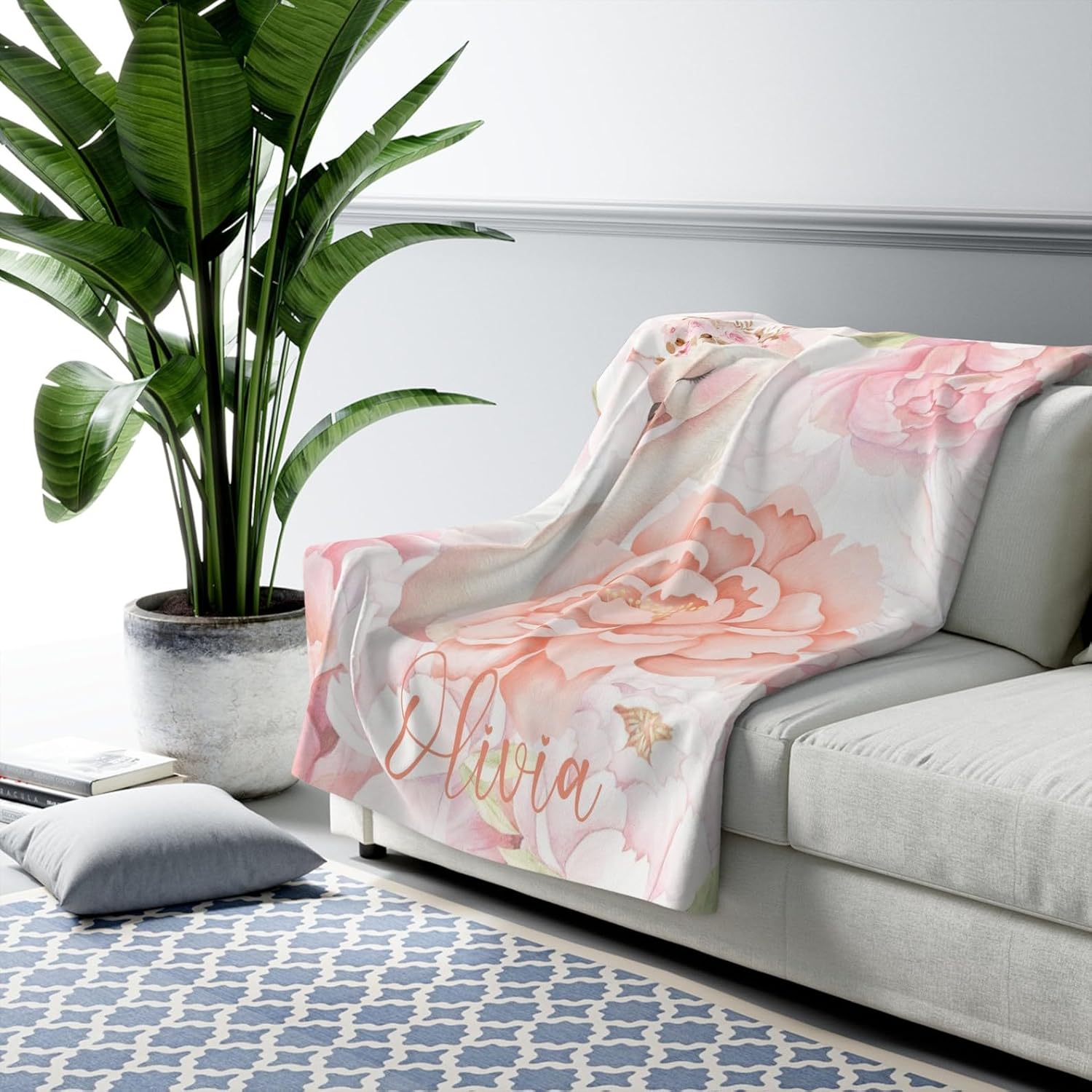Customized Pink Baby Blanket with Floral Swan Design