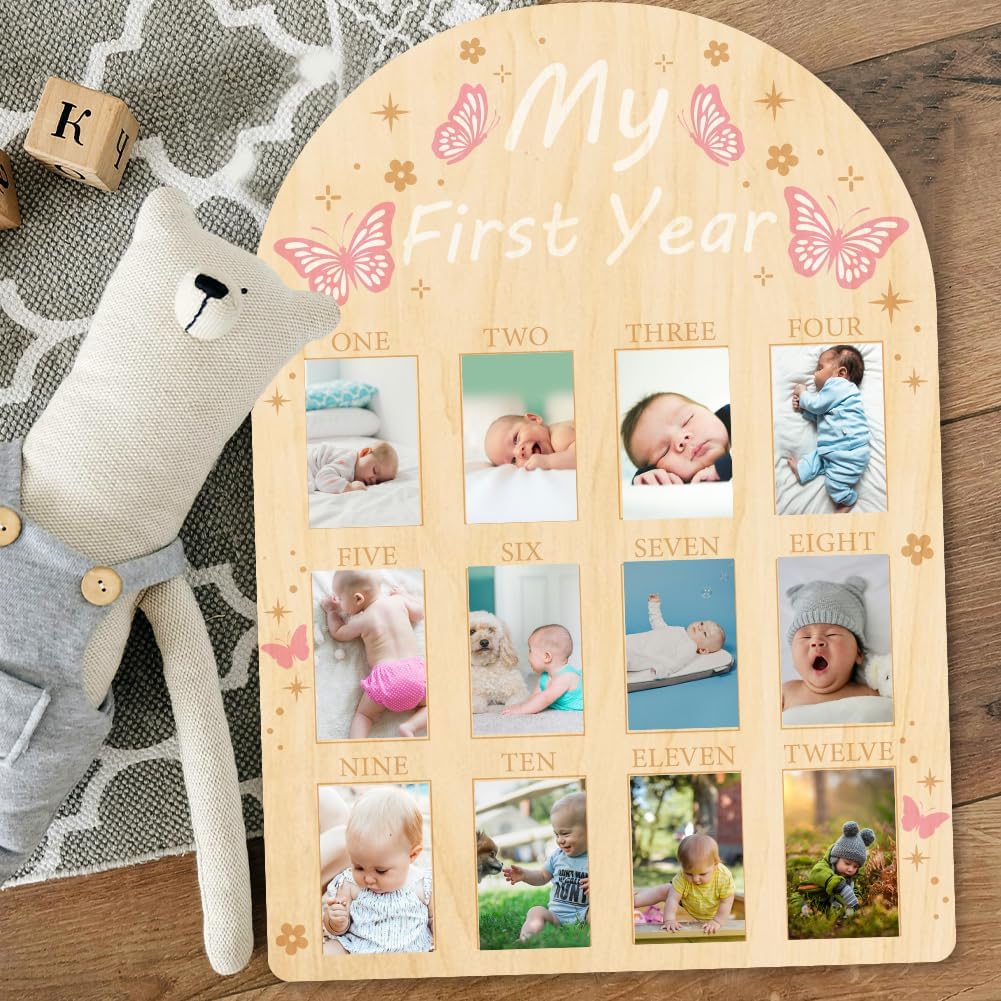 ORIGACH 12-Month Baby Growth Photo Display Board - Pink Butterfly Design