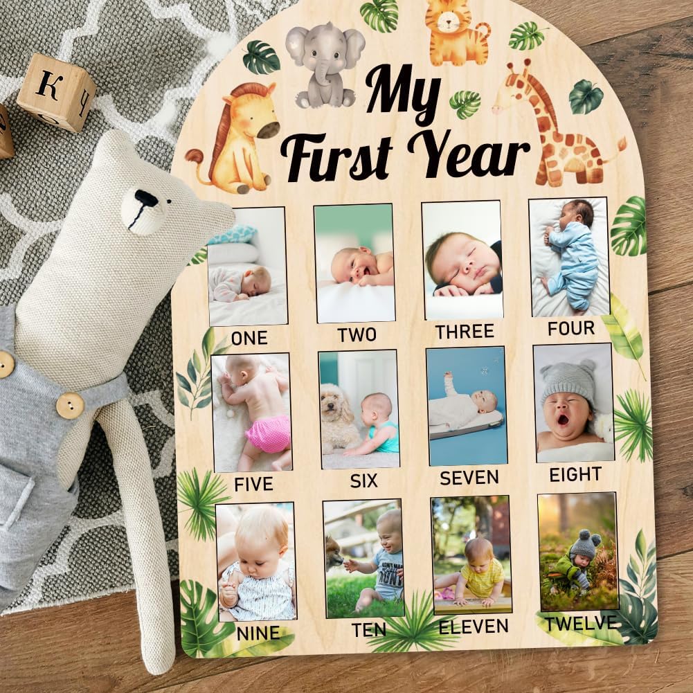 ORIGACH 12-Month Baby Growth Photo Frame with Jungle Animals