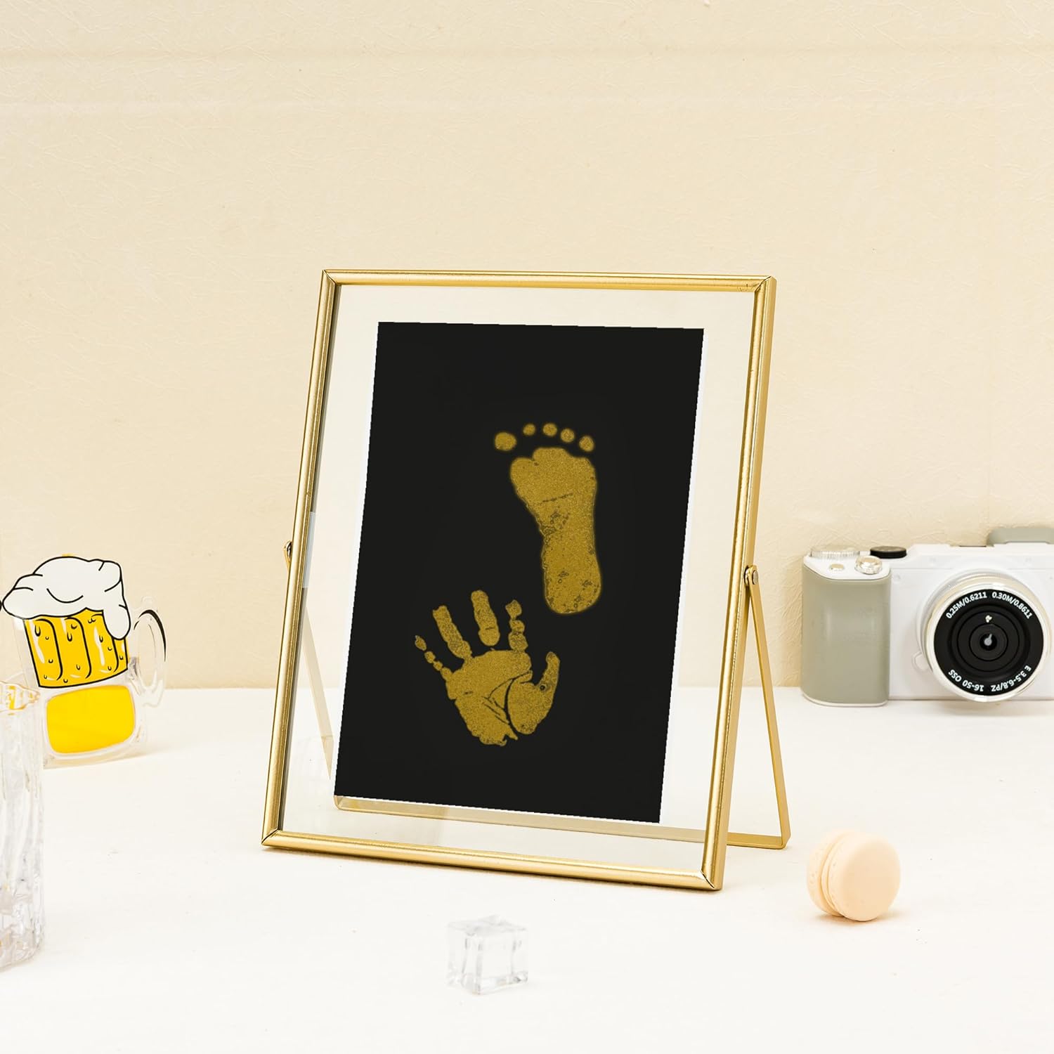 Calculs Baby Keepsake Frame with Ink Pad - Gold Floating Picture Frame for Babys First Year