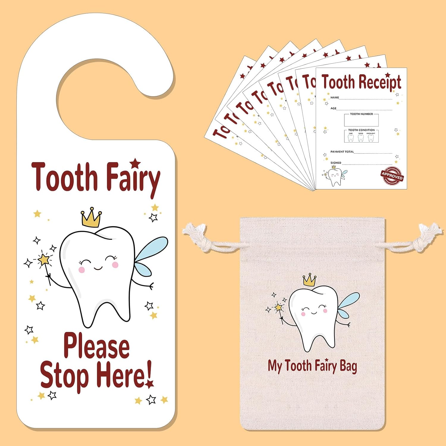 Tooth Fairy Bag Set - 1 Bag 1 Door Hanger 35 Receipts