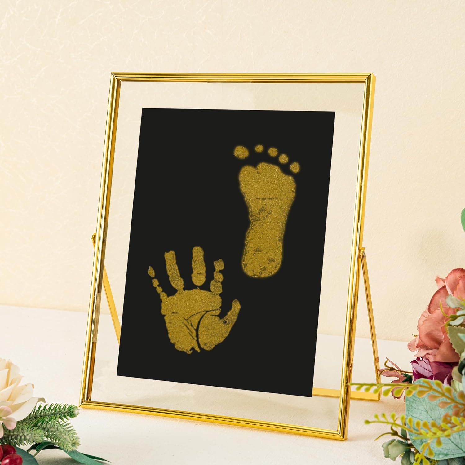 Calculs Baby Keepsake Frame with Ink Pad - Gold Floating Picture Frame for Babys First Year