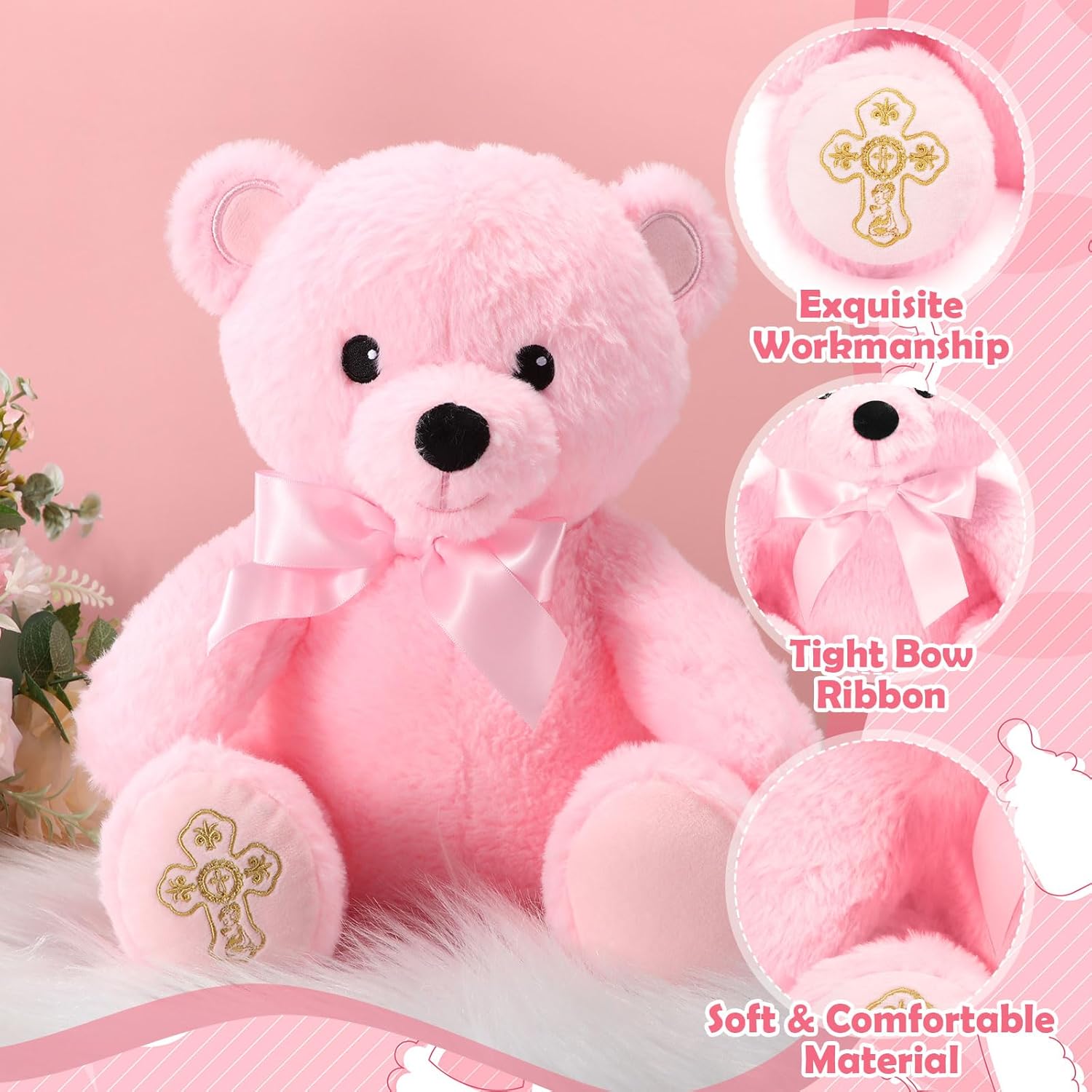 Syhood 12 Inch Plush Bear Baptism Gift with Bow and Embroidered Cross