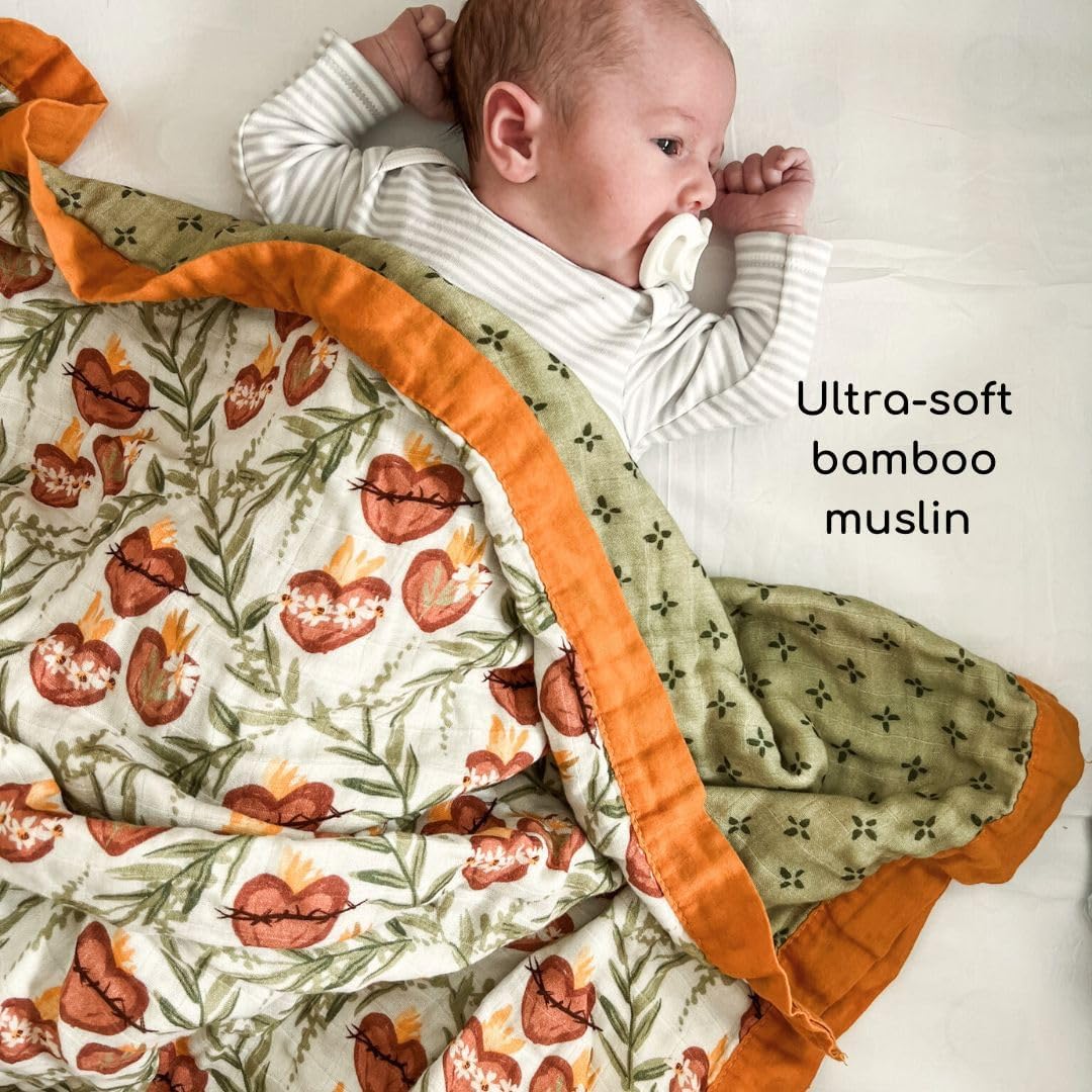 Holy Family Hearts Double Sided Muslin Blanket 47 X 47 Soft Swaddle for Baby
