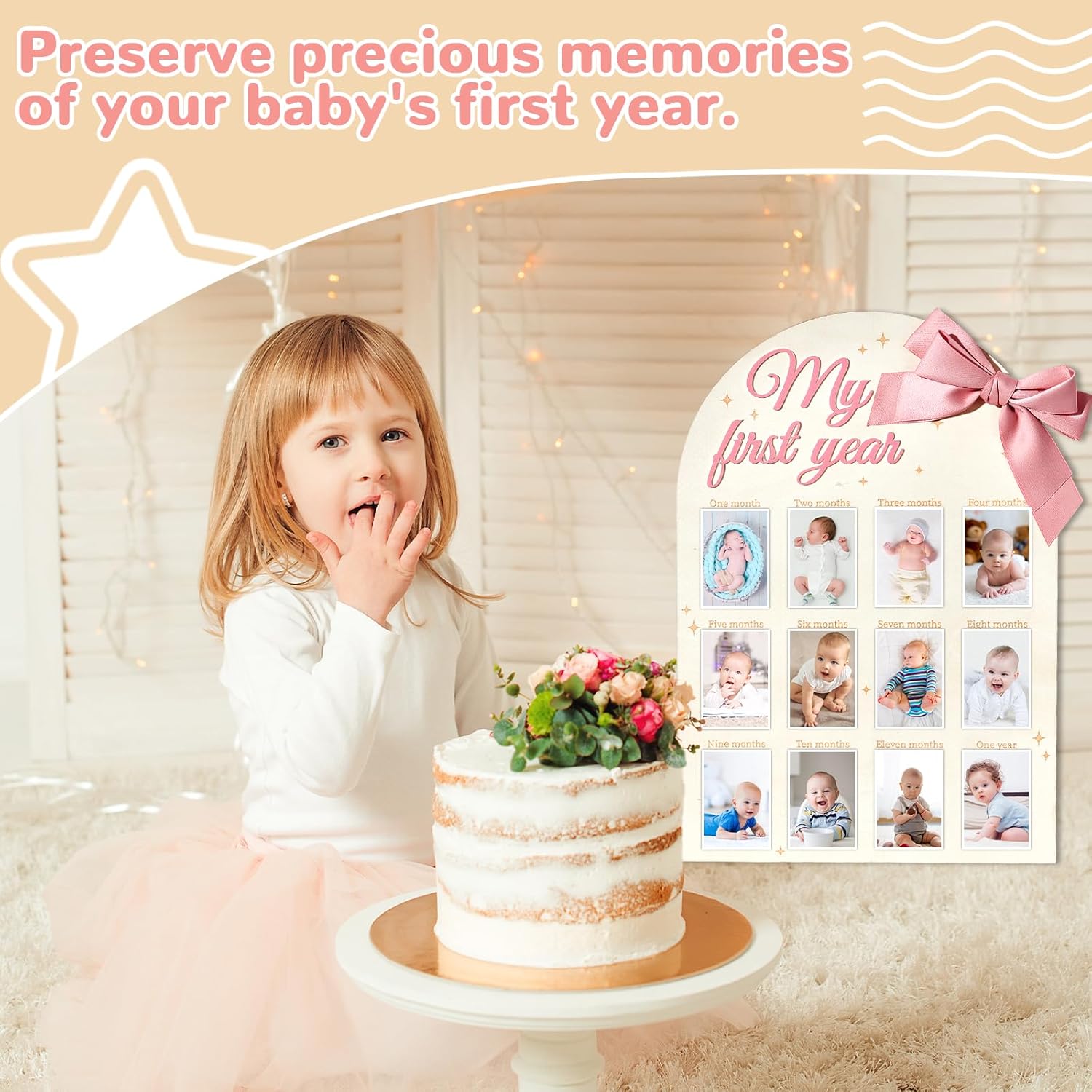 3D Pink Bow Baby Year Milestone Display Board