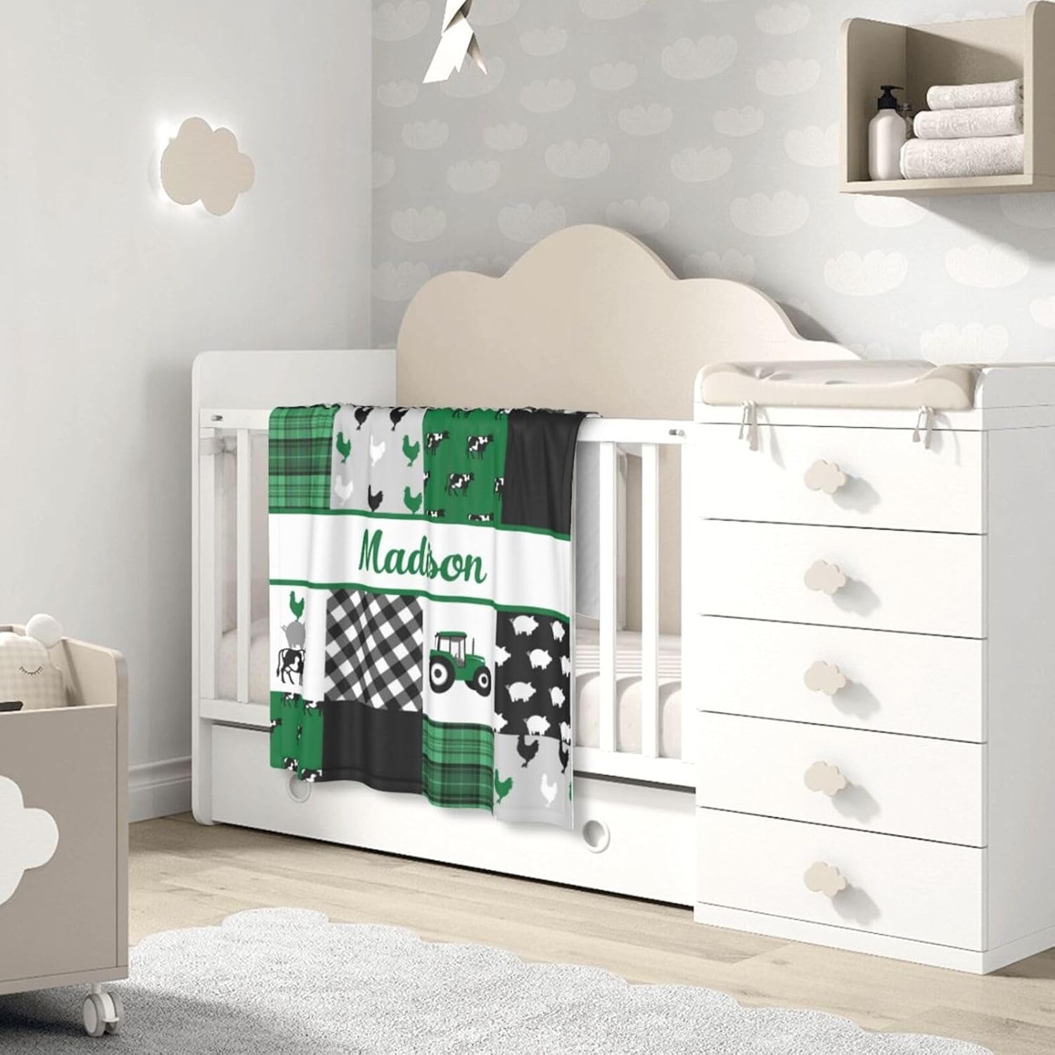 Personalized Baby Blanket with Name - Farm Theme Green Fleece Blanket for Newborns