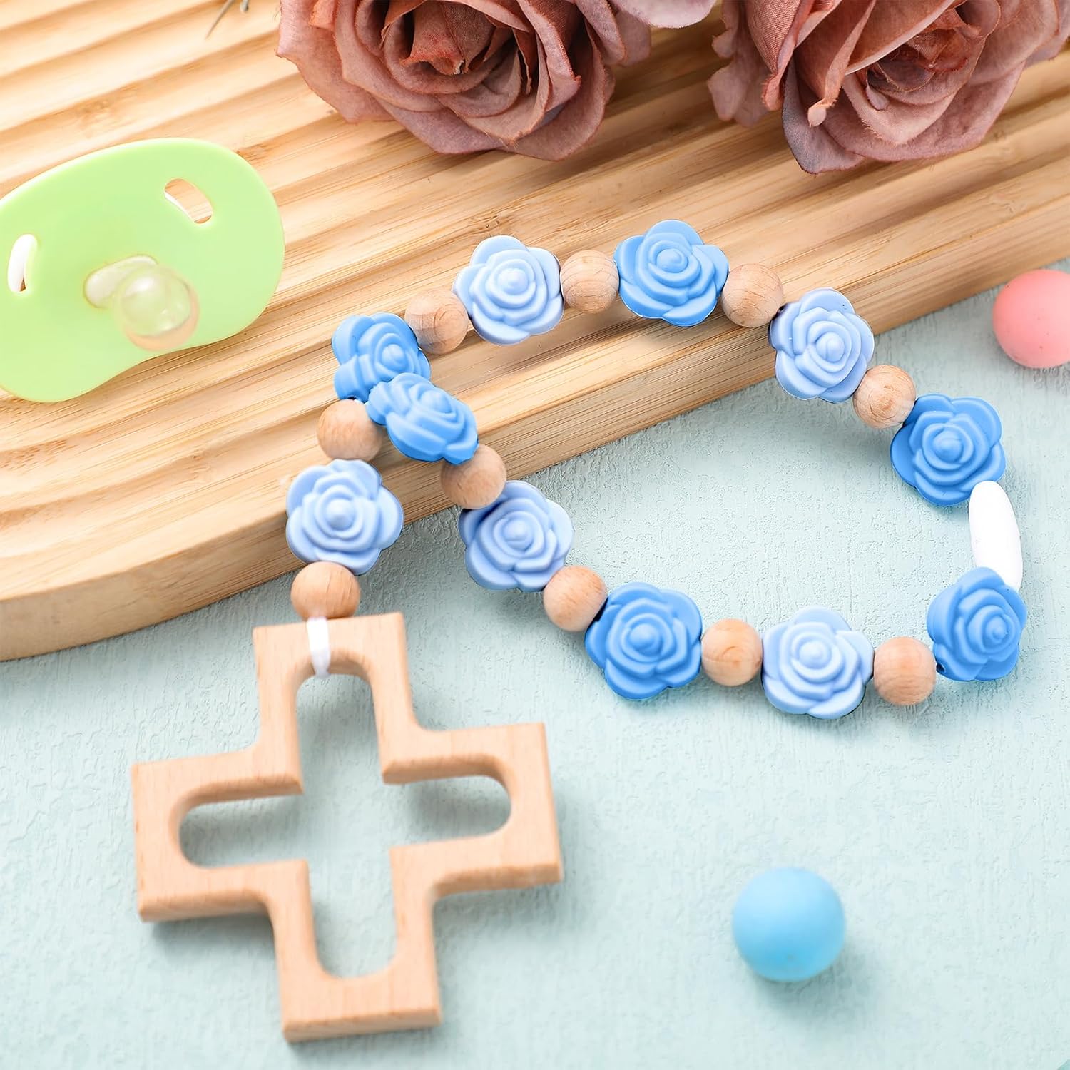 Landical Cross Baptism Silicone Rosary Baby Shower Gift Rose Blue