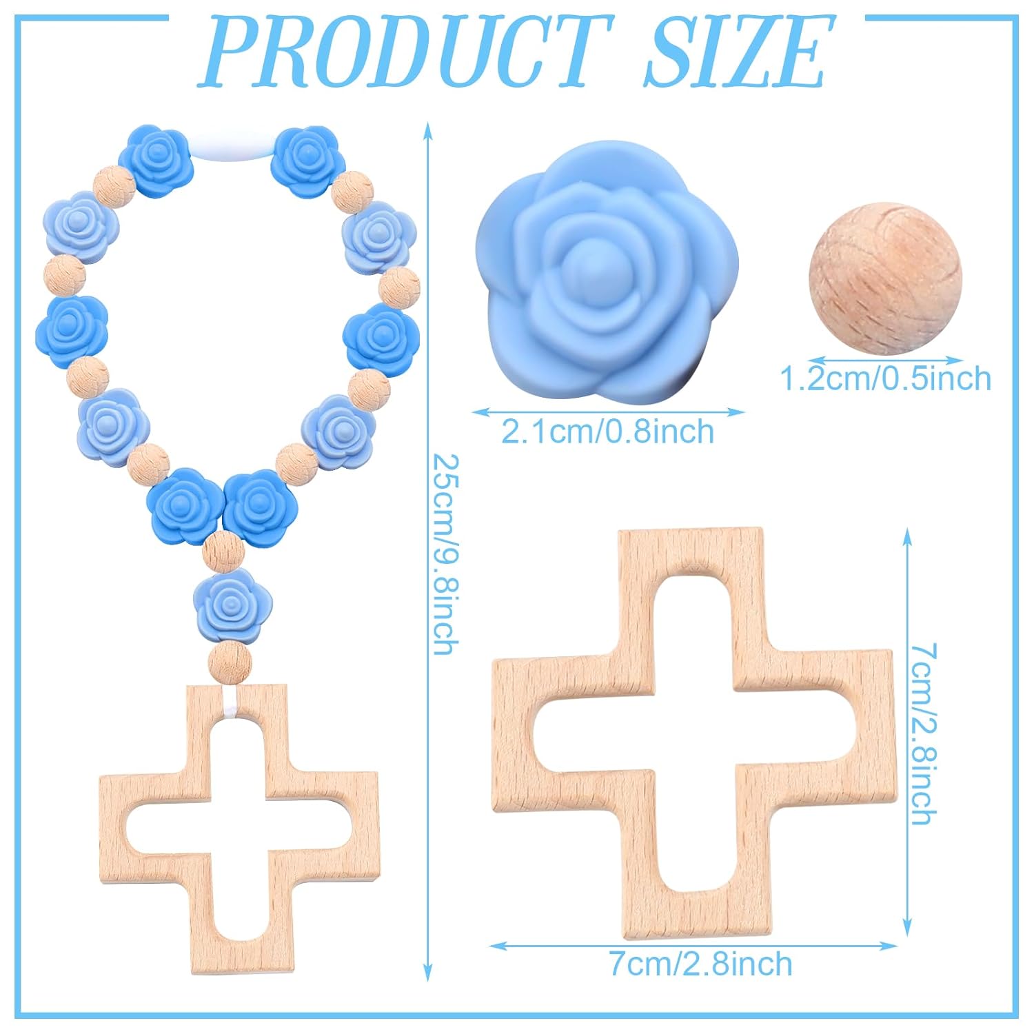 Landical Cross Baptism Silicone Rosary Baby Shower Gift Rose Blue
