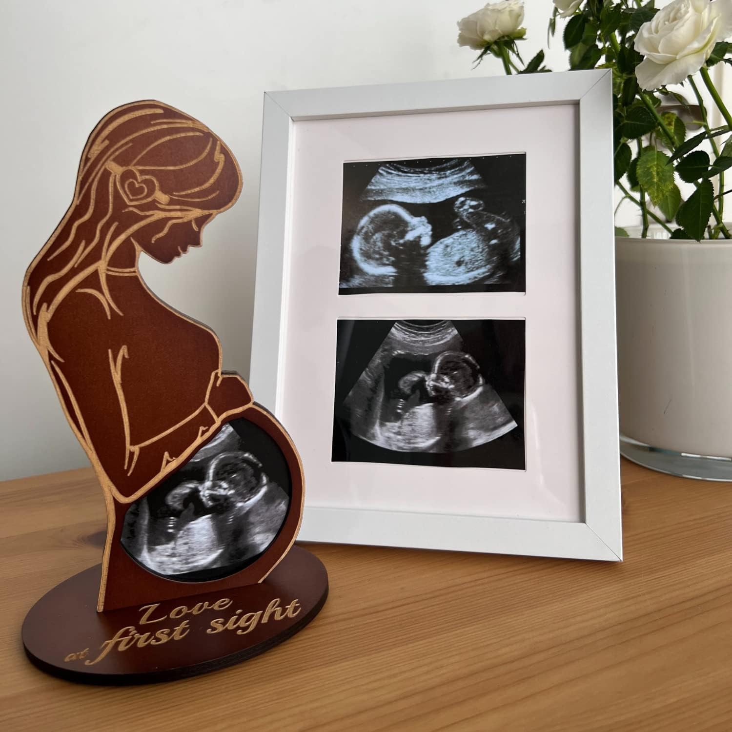 Hearts Sign Ultrasound Picture Frame Set - Unique Wooden Baby Keepsake Bundle