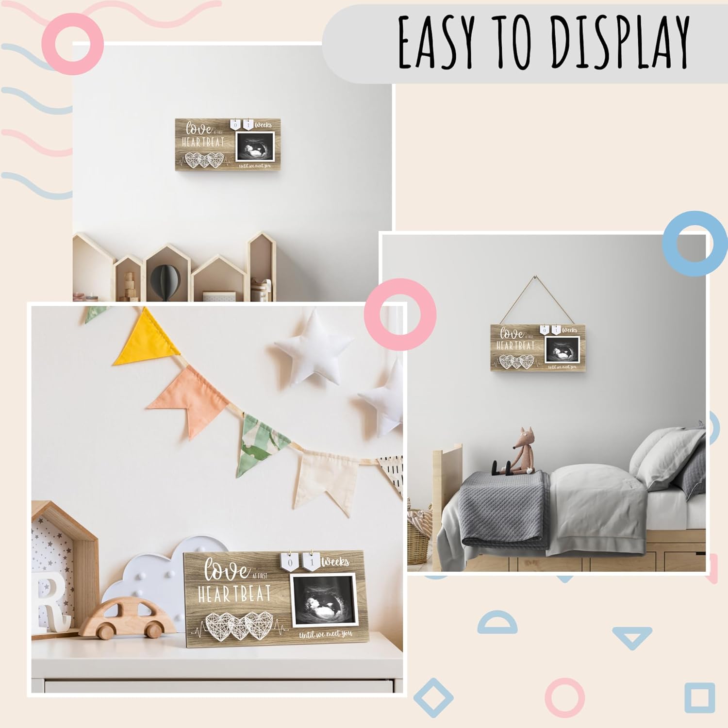 EURSET Baby Sonogram Frame with Countdown 3 Hearts Design