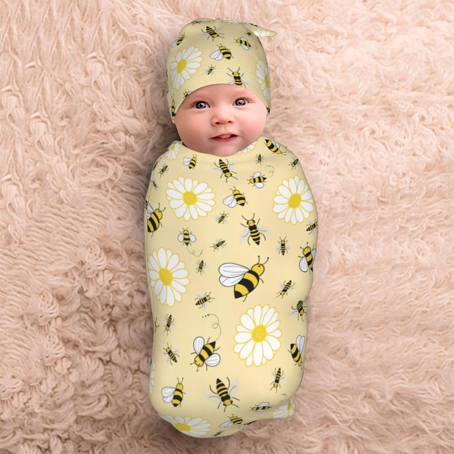 Lcokin Cute Bee Swaddle Blanket Set with Beanie Hat