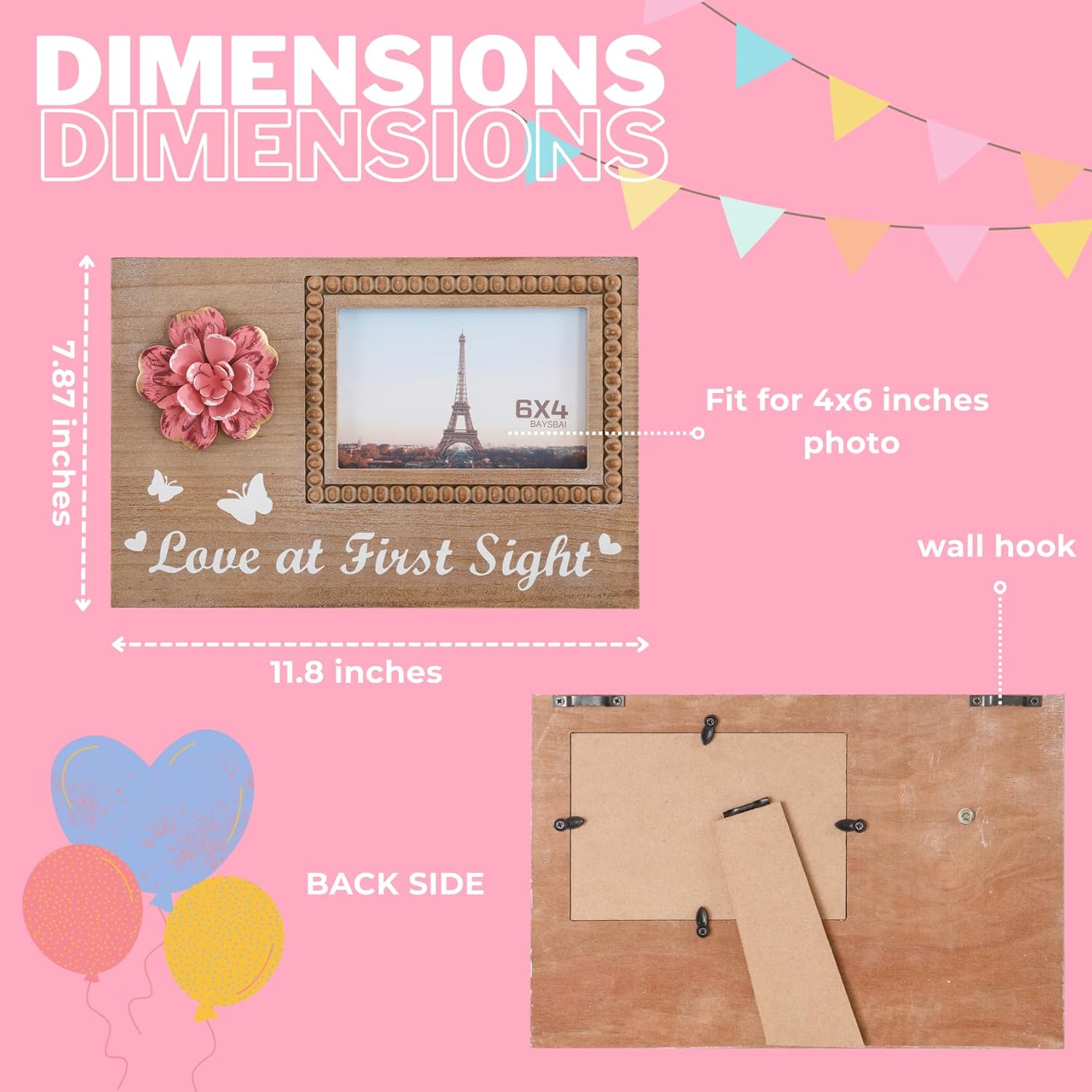 BAYSBAI Wooden Sonogram 4x6 Photo Frame with Rustic Pink Flower