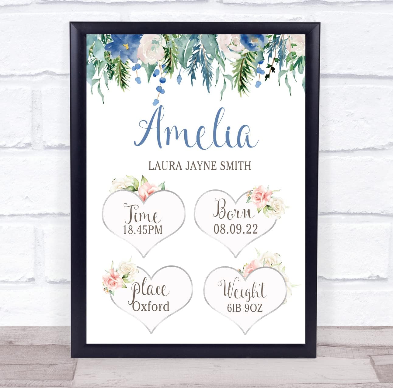 The Card Zoo New Baby Birth Details Christening Floral Keepsake Print
