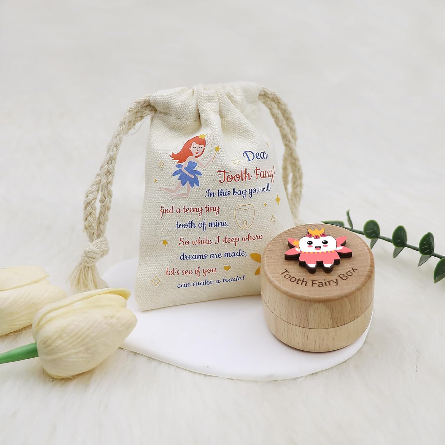 Tooth Fairy Box with Pouch - Pink 3D Wooden Keepsake
