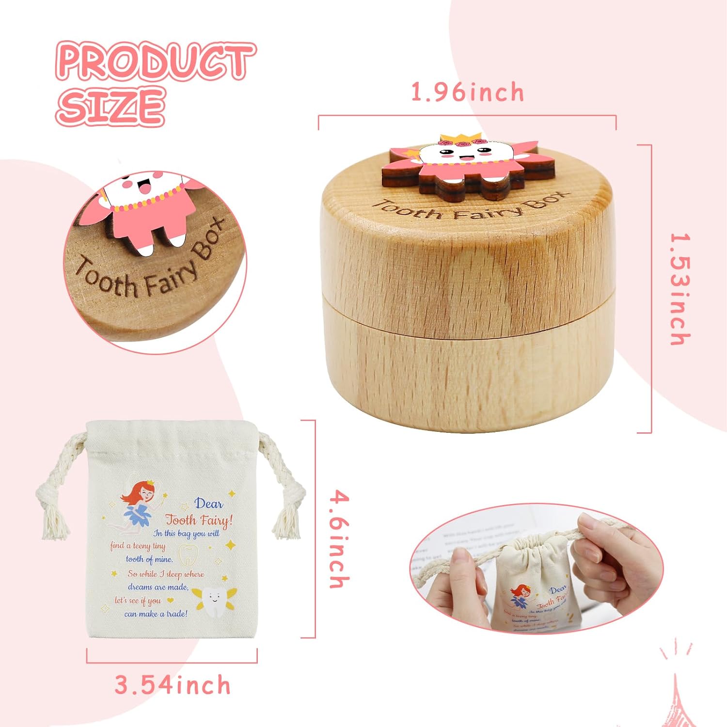 Tooth Fairy Box with Pouch - Pink 3D Wooden Keepsake