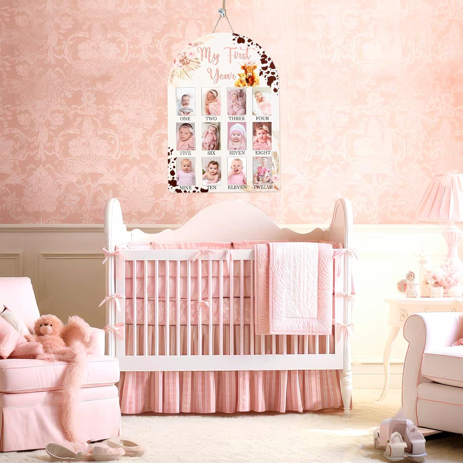 Cheerupp Highland Cow My First Year Photo Frame Pink 12 Months Baby Milestone Display Board