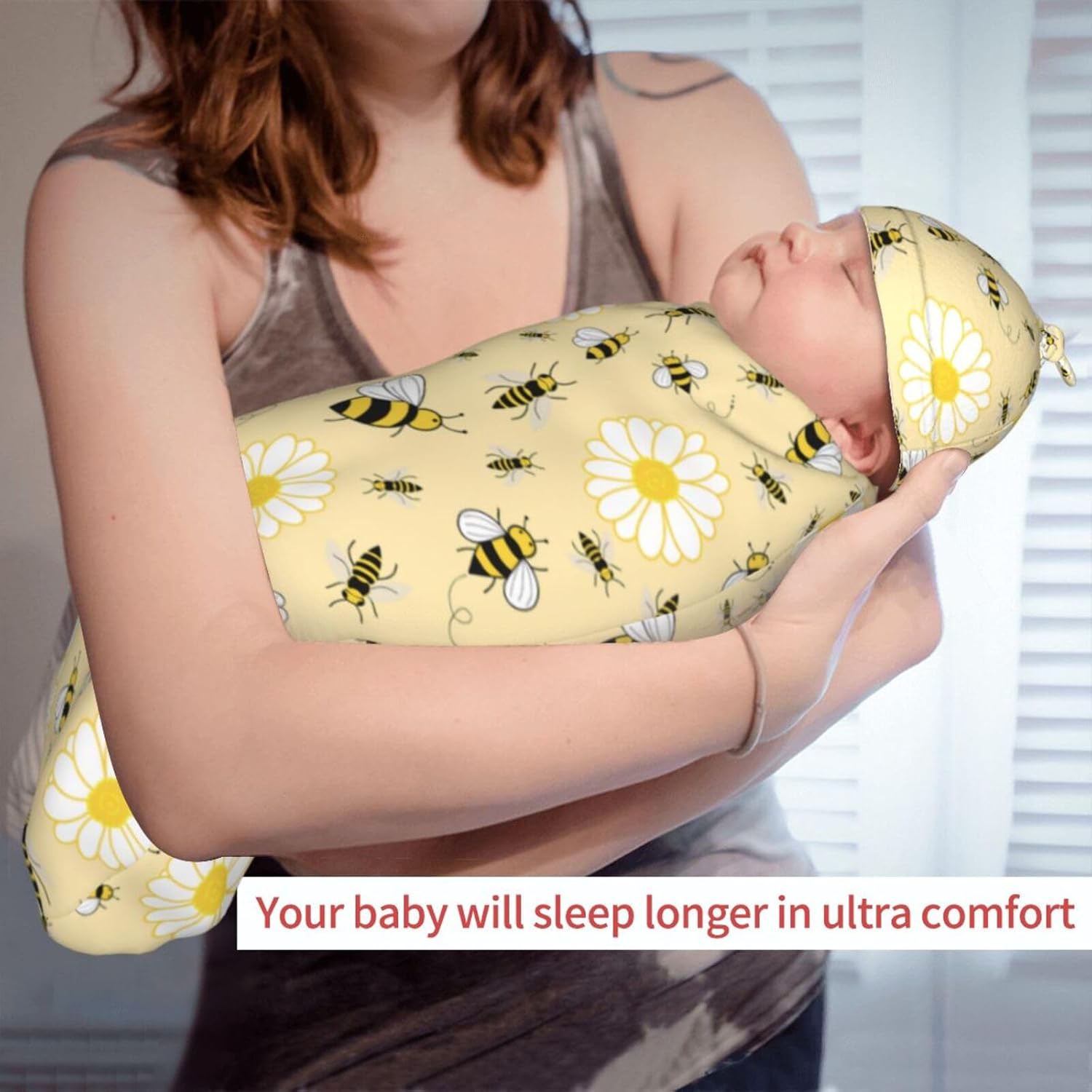 Lcokin Cute Bee Swaddle Blanket Set with Beanie Hat
