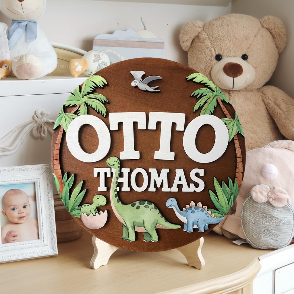 Personalized Baby Name Wooden Sign with Dinosaur T-Rex