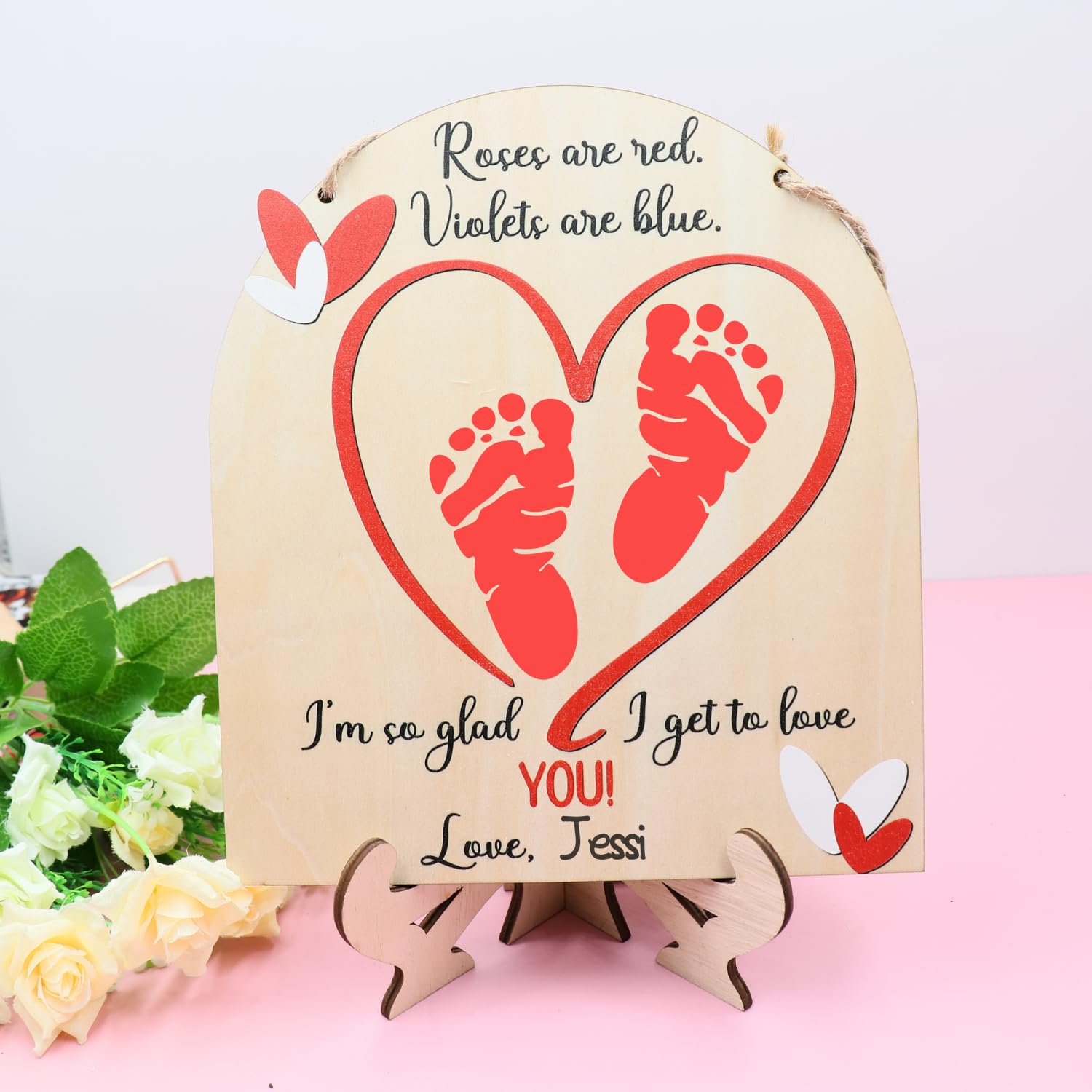 DIY Baby First Valentine Footprint Sign with Roses 1