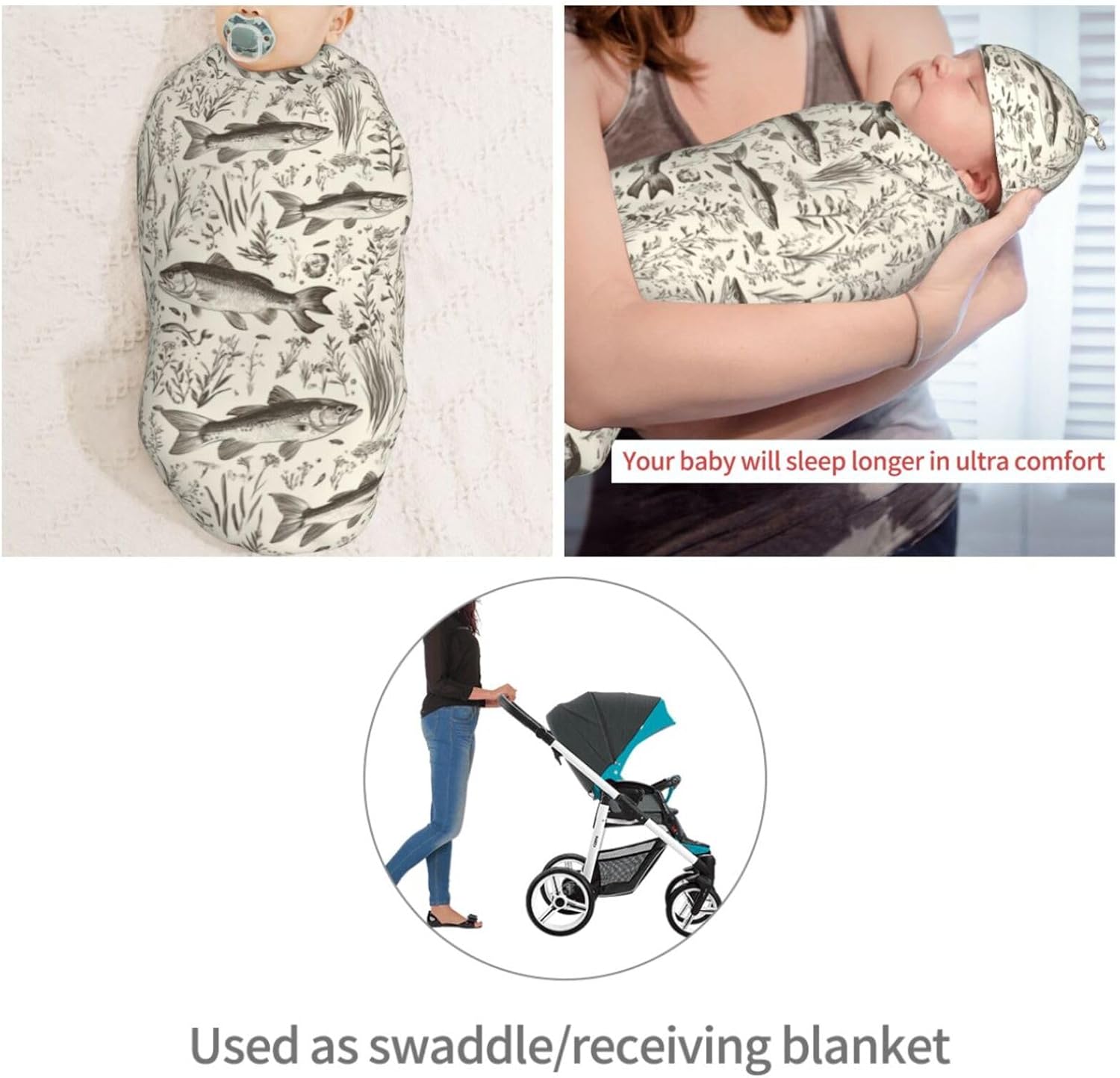 Muishi Vintage Bass Fishes Fishing Swaddle Blanket Hat Set 1