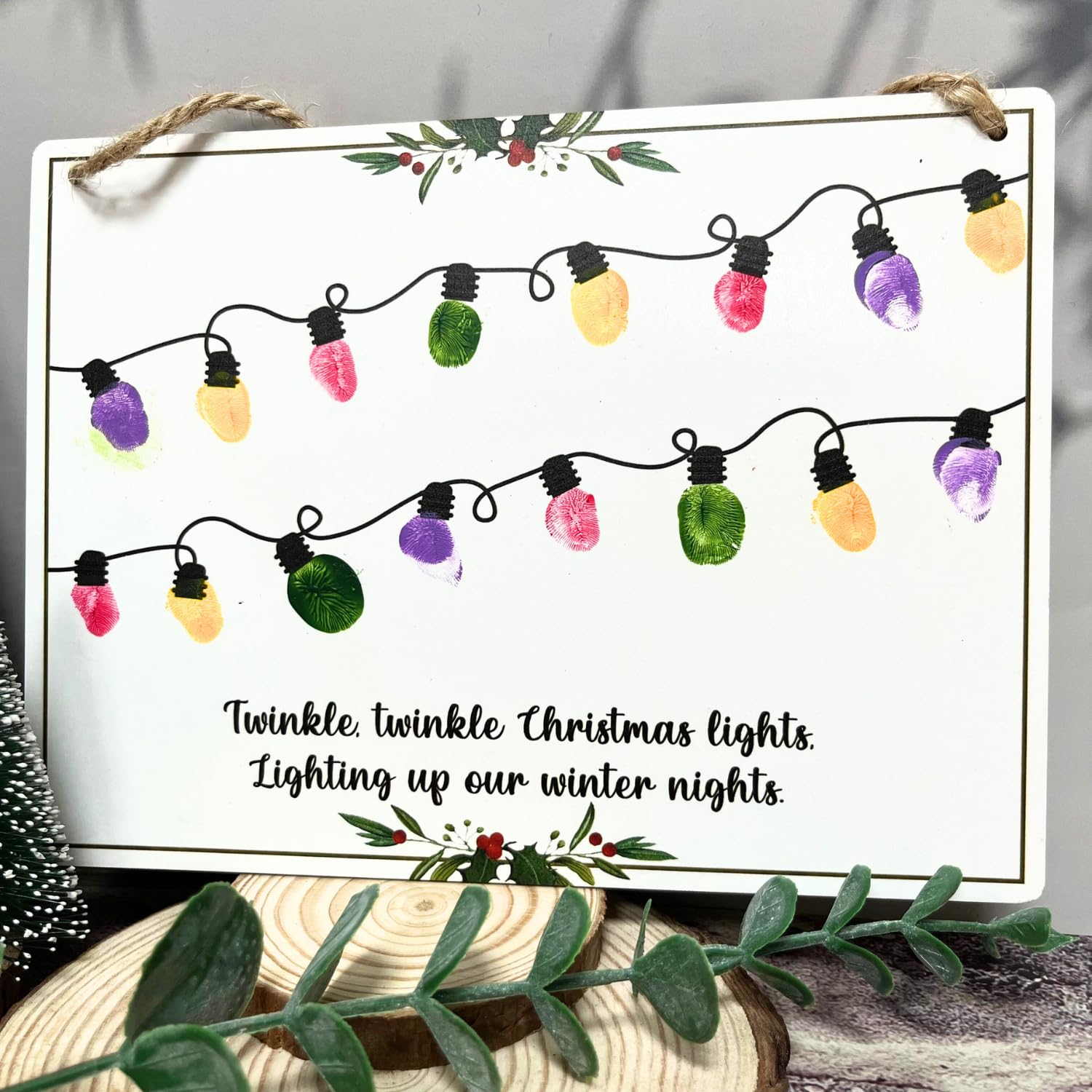 Fingerprint Christmas Lights Hanging Sign Babys First Christmas DIY Keepsake