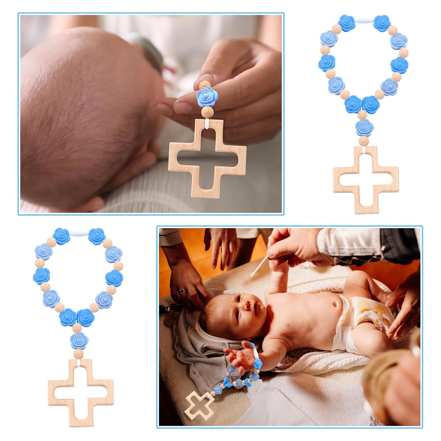 Landical Cross Baptism Silicone Rosary Baby Shower Gift Rose Blue
