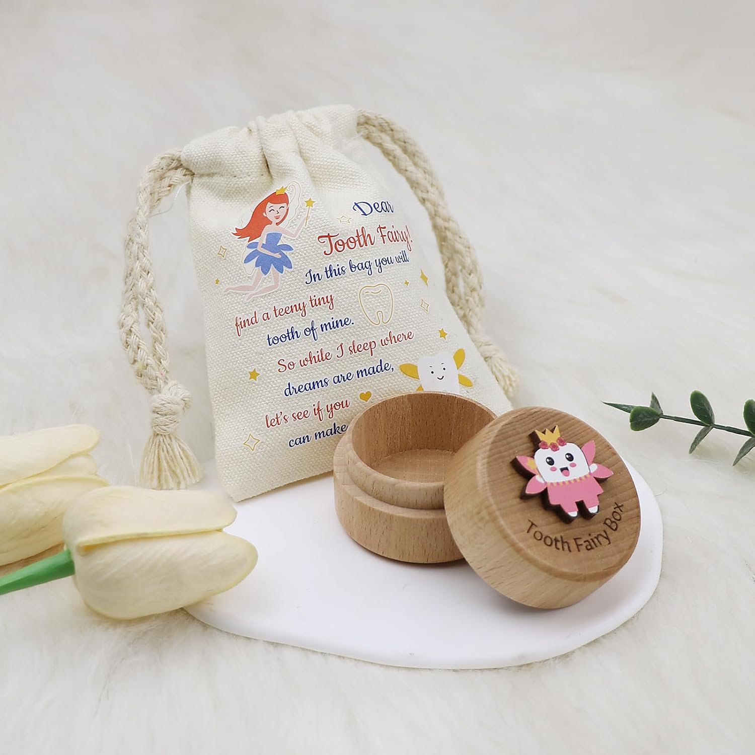 Tooth Fairy Box with Pouch - Pink 3D Wooden Keepsake