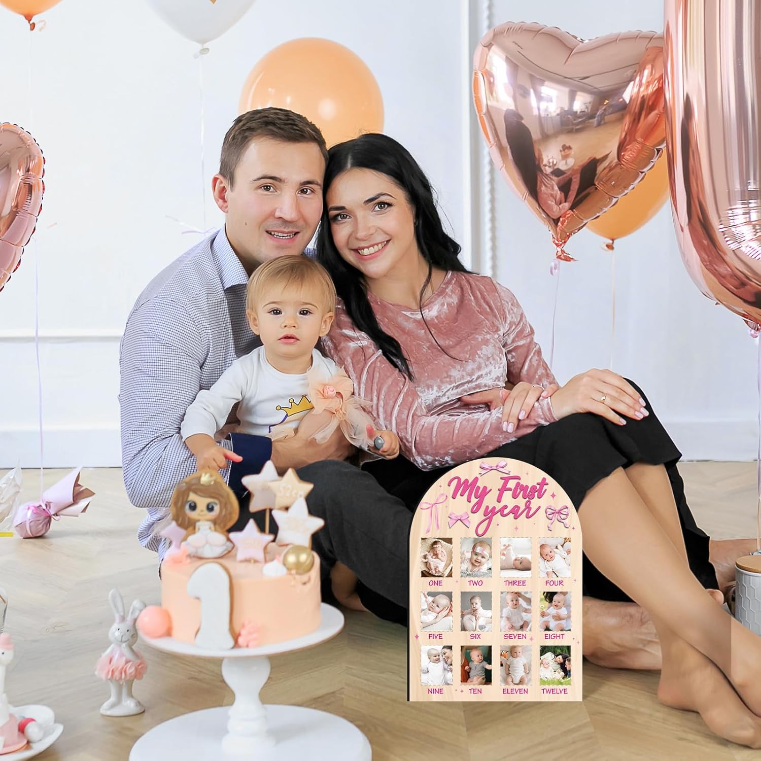My First Year Photo Board - Pink Bow Wooden Frame 1