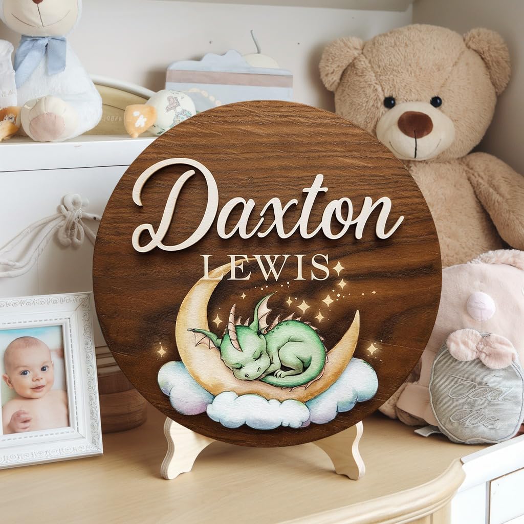 Personalized Baby Name Wooden Sign - Green Dragon Design
