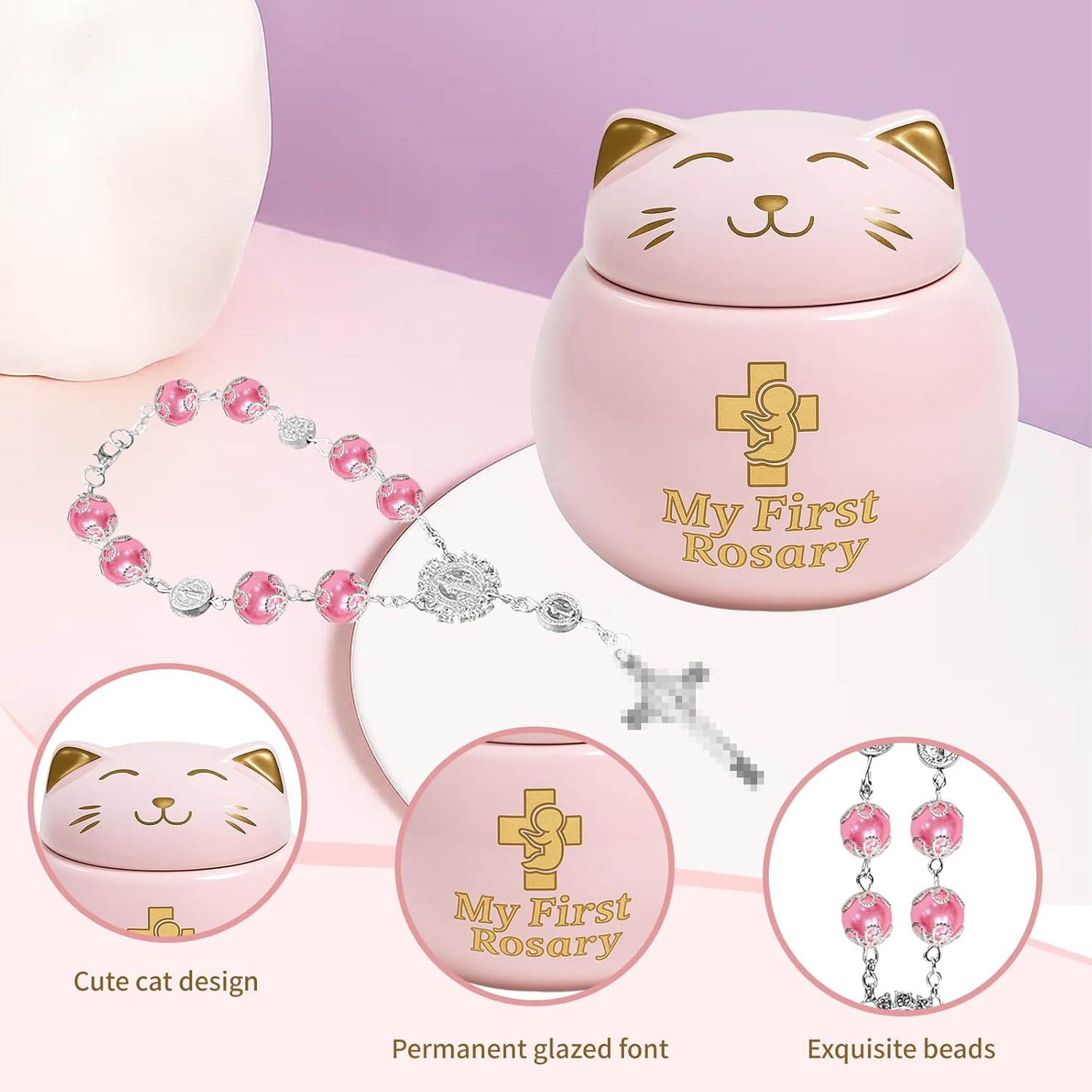 My First Rosary with Pink Ceramic Box Catholic Baptism Gift