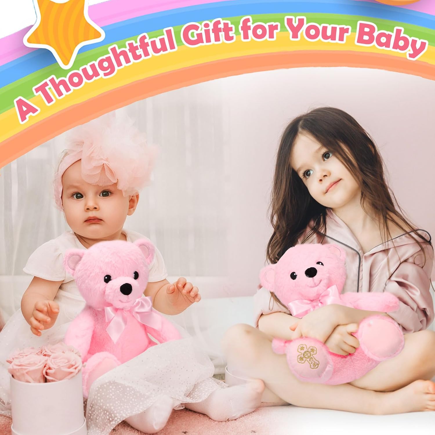 Syhood 12 Inch Plush Bear Baptism Gift with Bow and Embroidered Cross