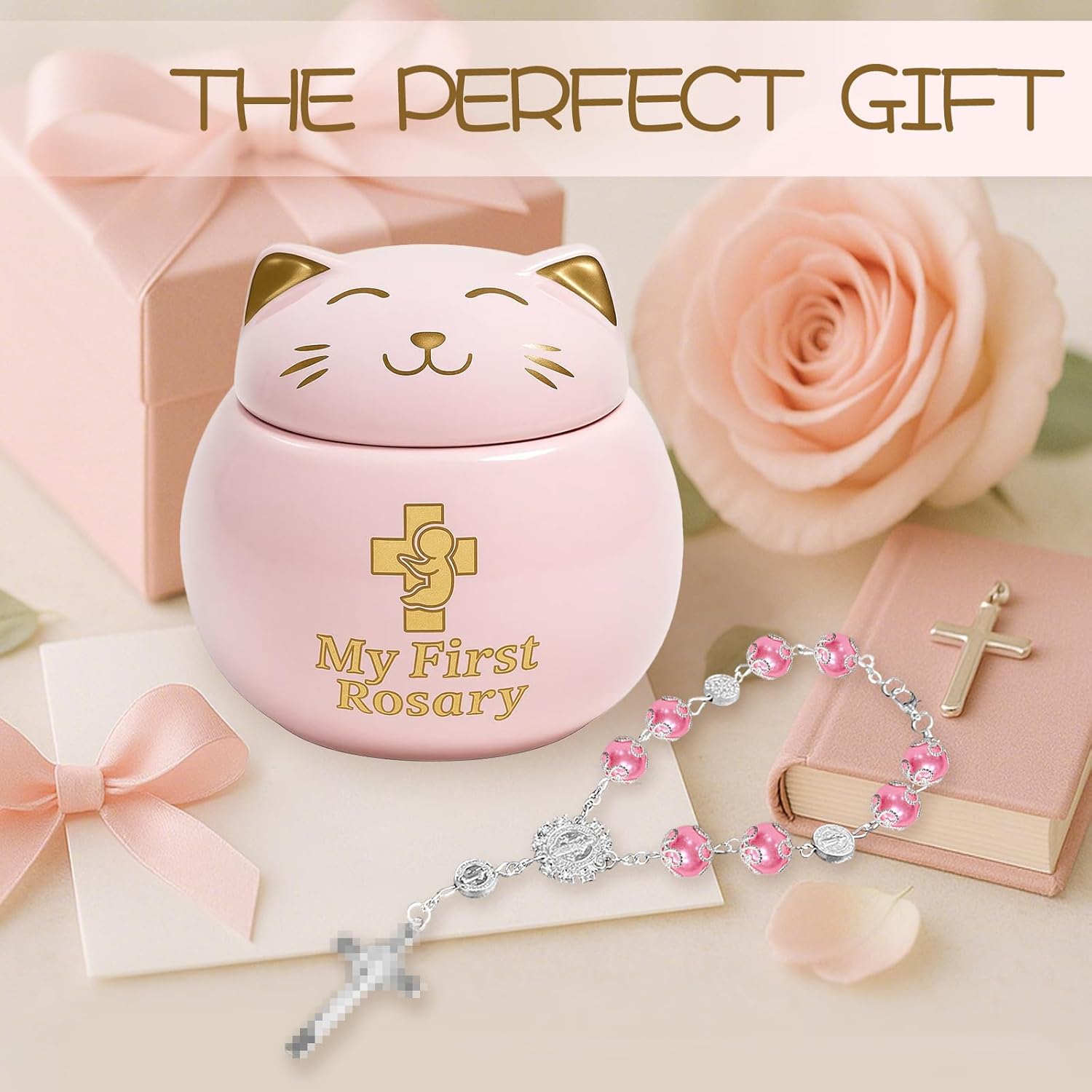 My First Rosary with Pink Ceramic Box Catholic Baptism Gift
