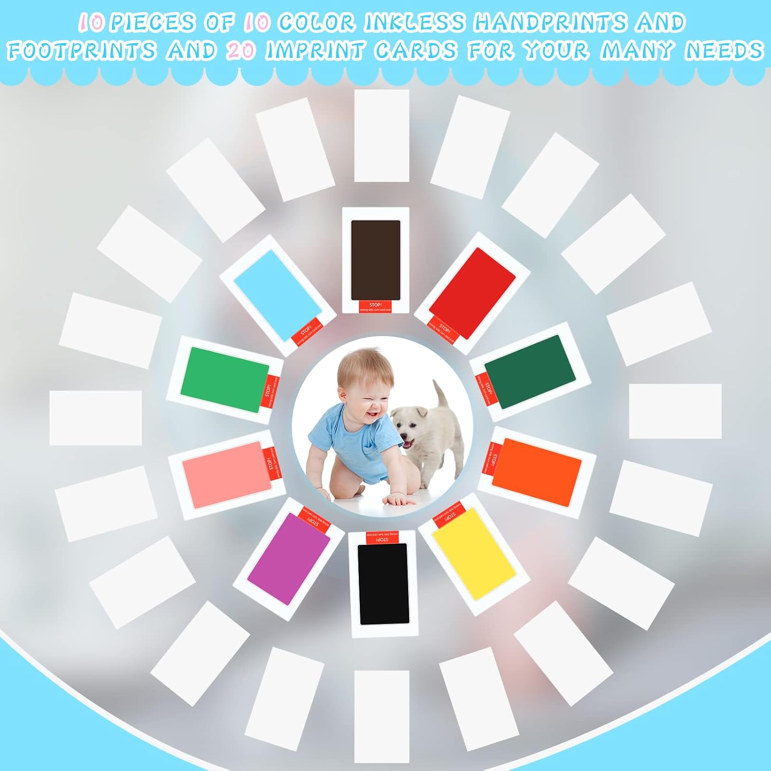 Jexine 30 Pcs Baby Inkless Handprint Footprint Kit with 10 Colors and 20 Cards 1