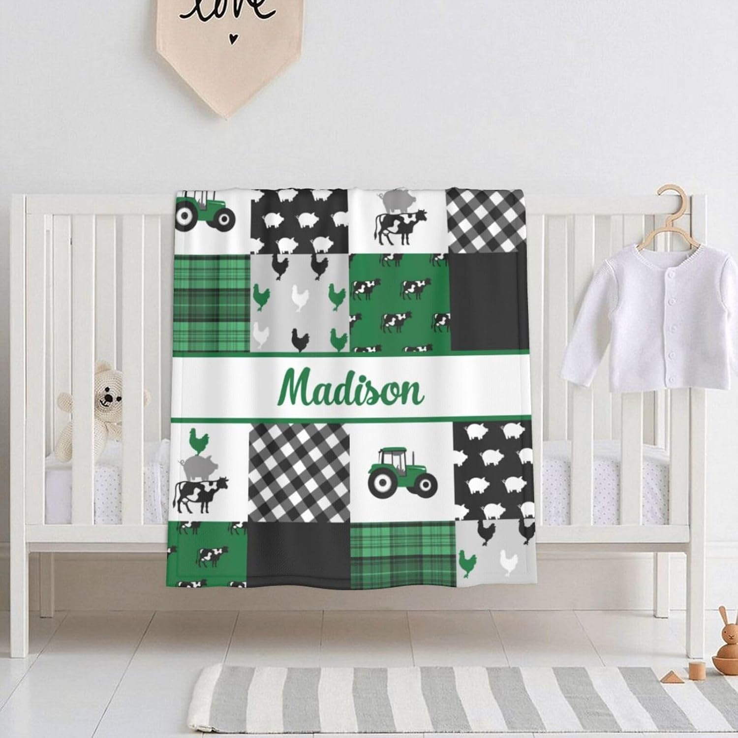 Personalized Baby Blanket with Name - Farm Theme Green Fleece Blanket for Newborns