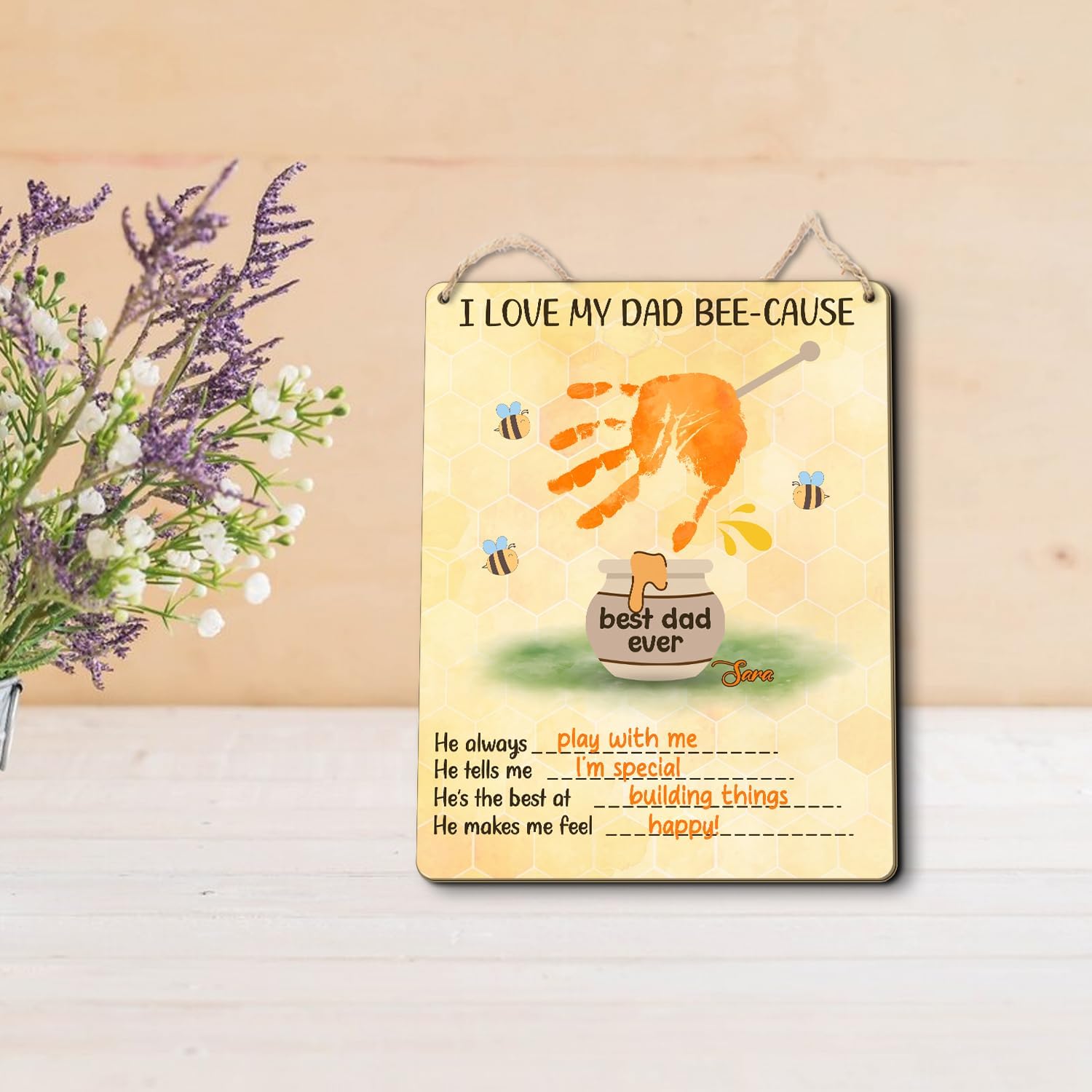 Custom DIY I Love My Dad Bee-Cause Handprint Wall Plaque