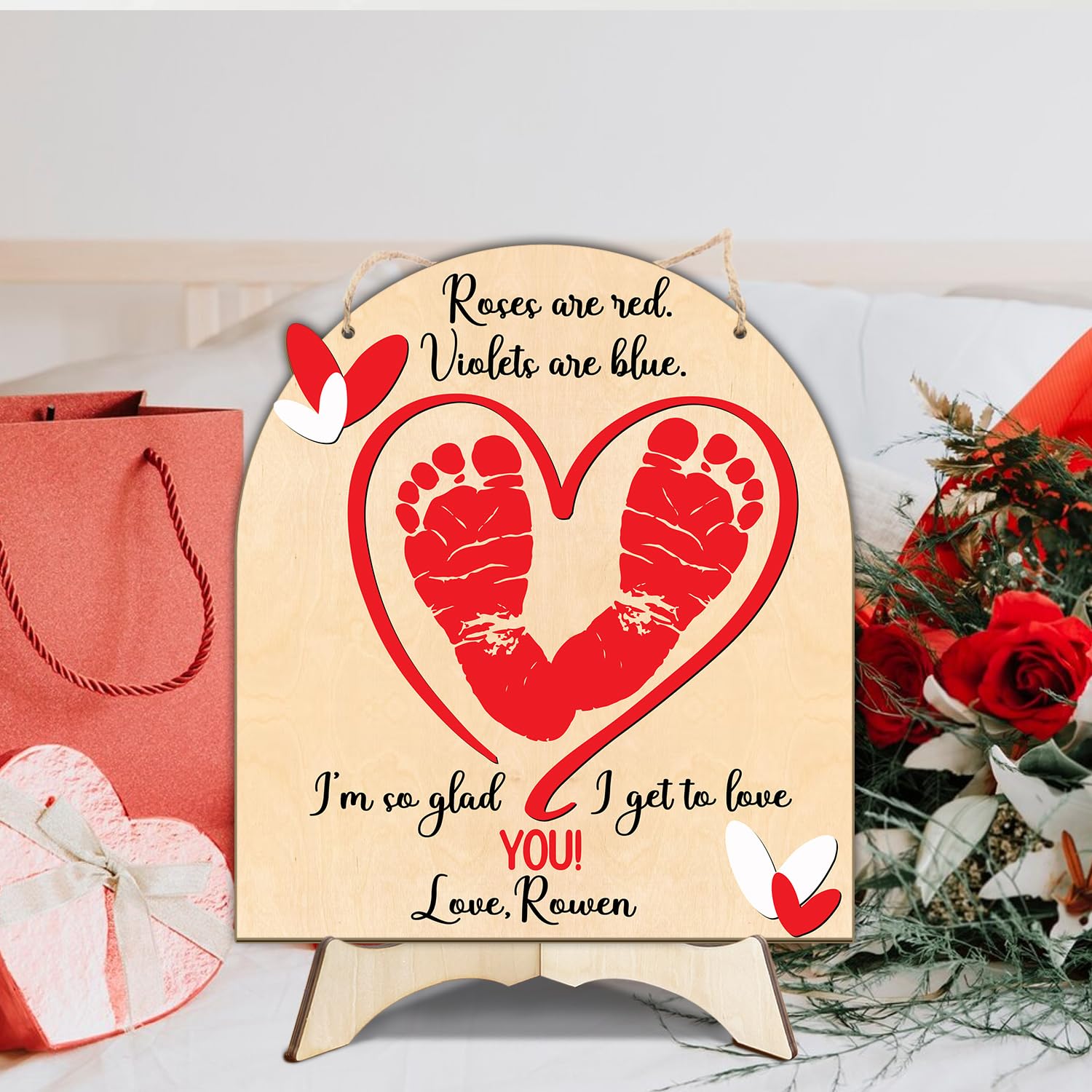 DIY Baby First Valentine Footprint Sign with Roses 1