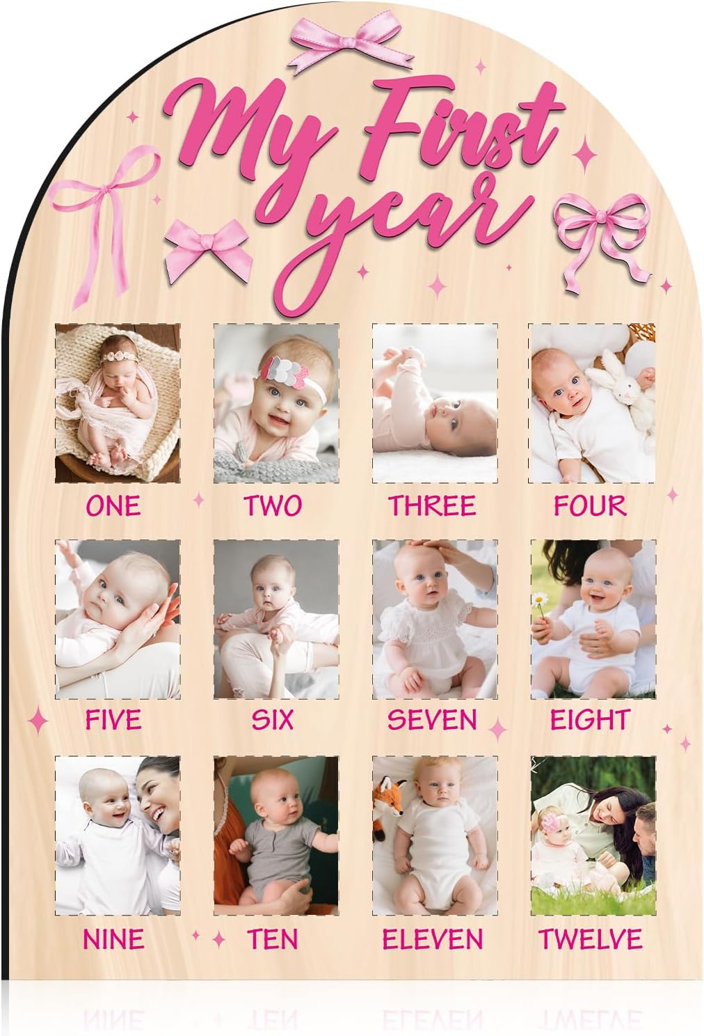 My First Year Photo Board - Pink Bow Wooden Frame 1