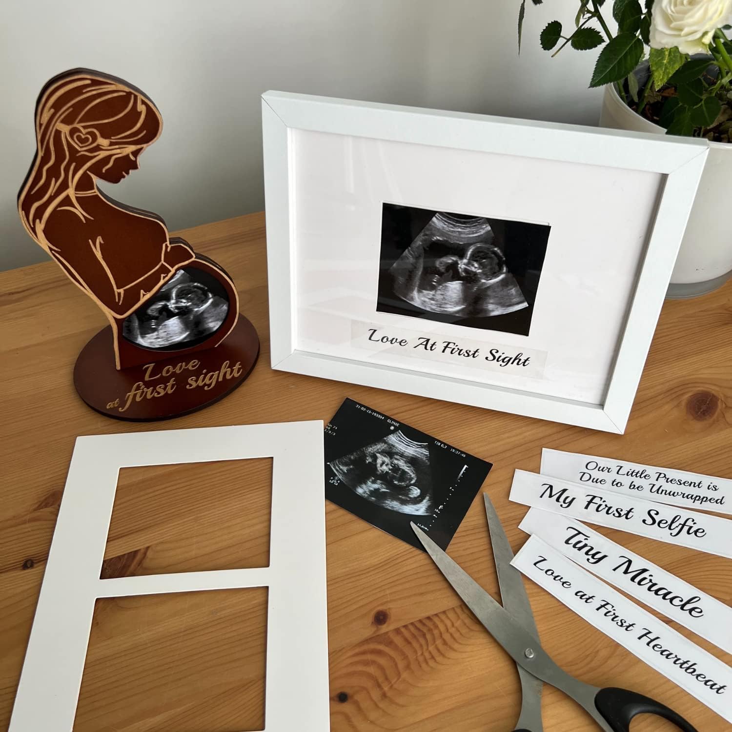 Hearts Sign Ultrasound Picture Frame Set - Unique Wooden Baby Keepsake Bundle
