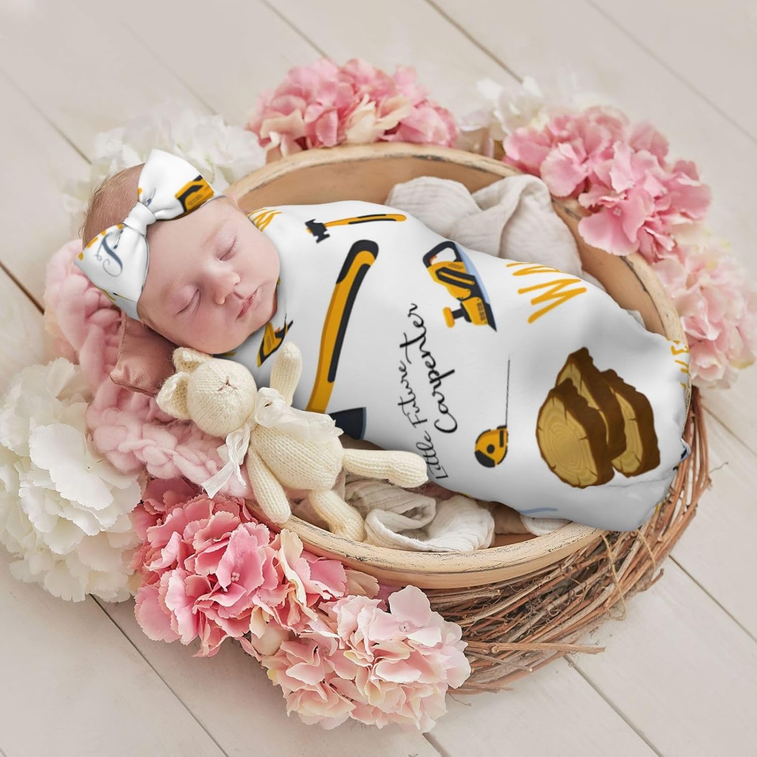 Personalized Swaddle Blanket with Hat Headband Set for Newborns 1