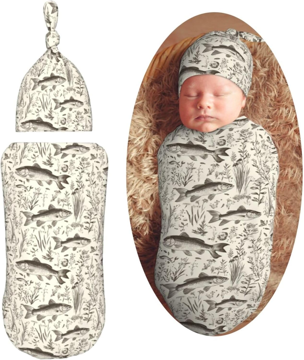 Muishi Vintage Bass Fishes Fishing Swaddle Blanket Hat Set 1