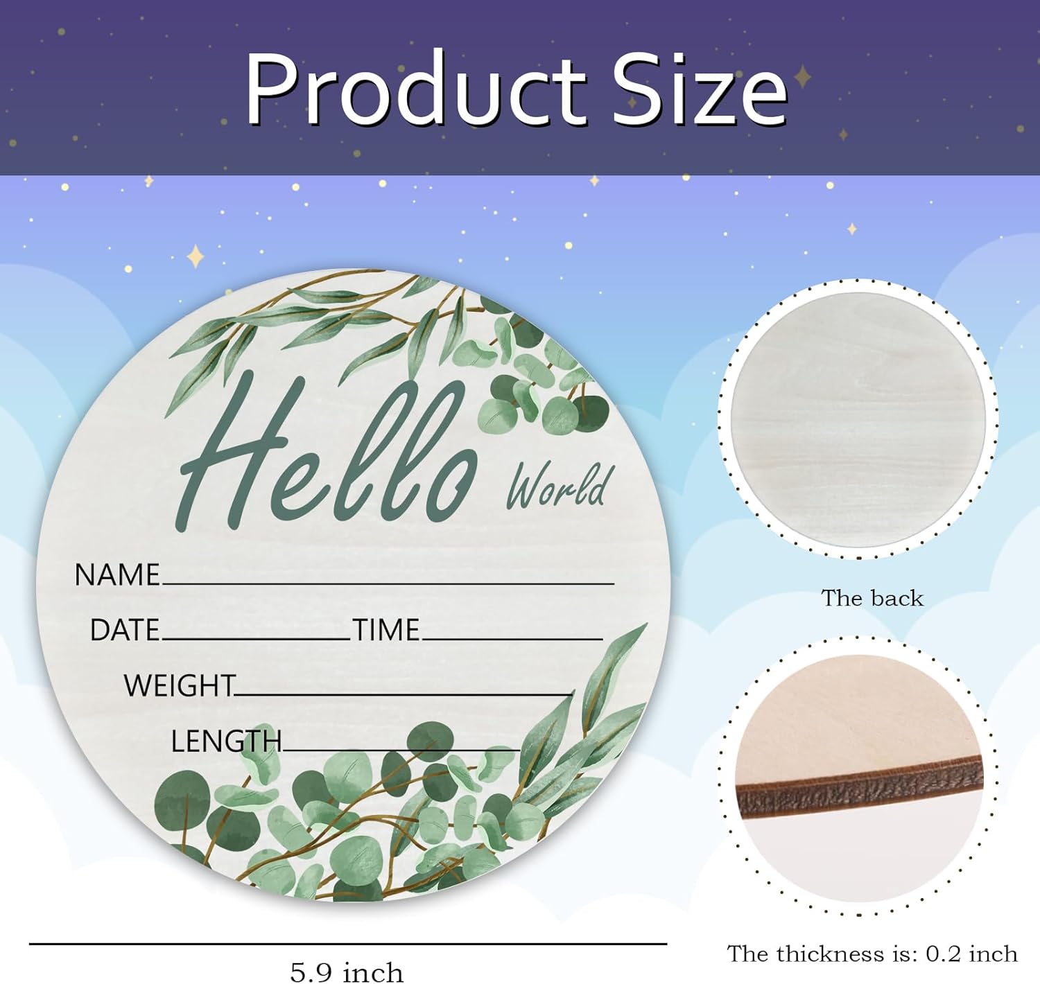 Hello World Olive Branch Newborn Sign - 6 Inch Round Birch Wood Baby Name Plaque