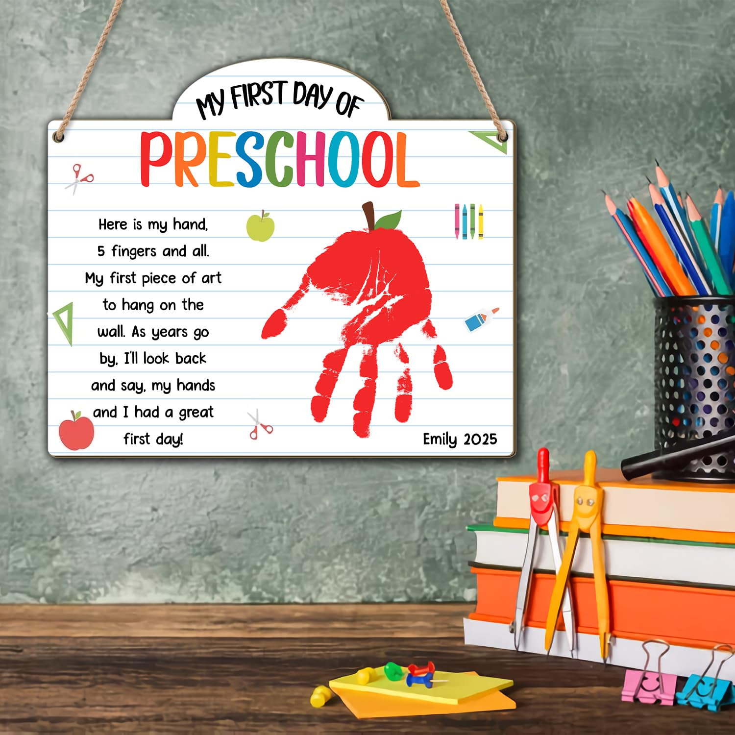 Custom First Day of Preschool Handprint Art Sign Board