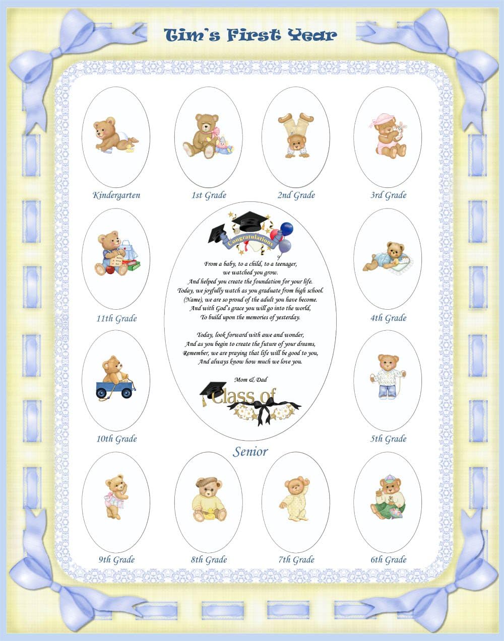 11x14 Personalized Blue Baby Boy Name Photo Mat with Teddy Bear and Poem