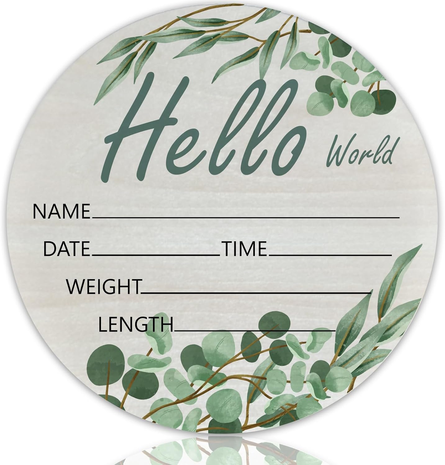 Hello World Olive Branch Newborn Sign - 6 Inch Round Birch Wood Baby Name Plaque