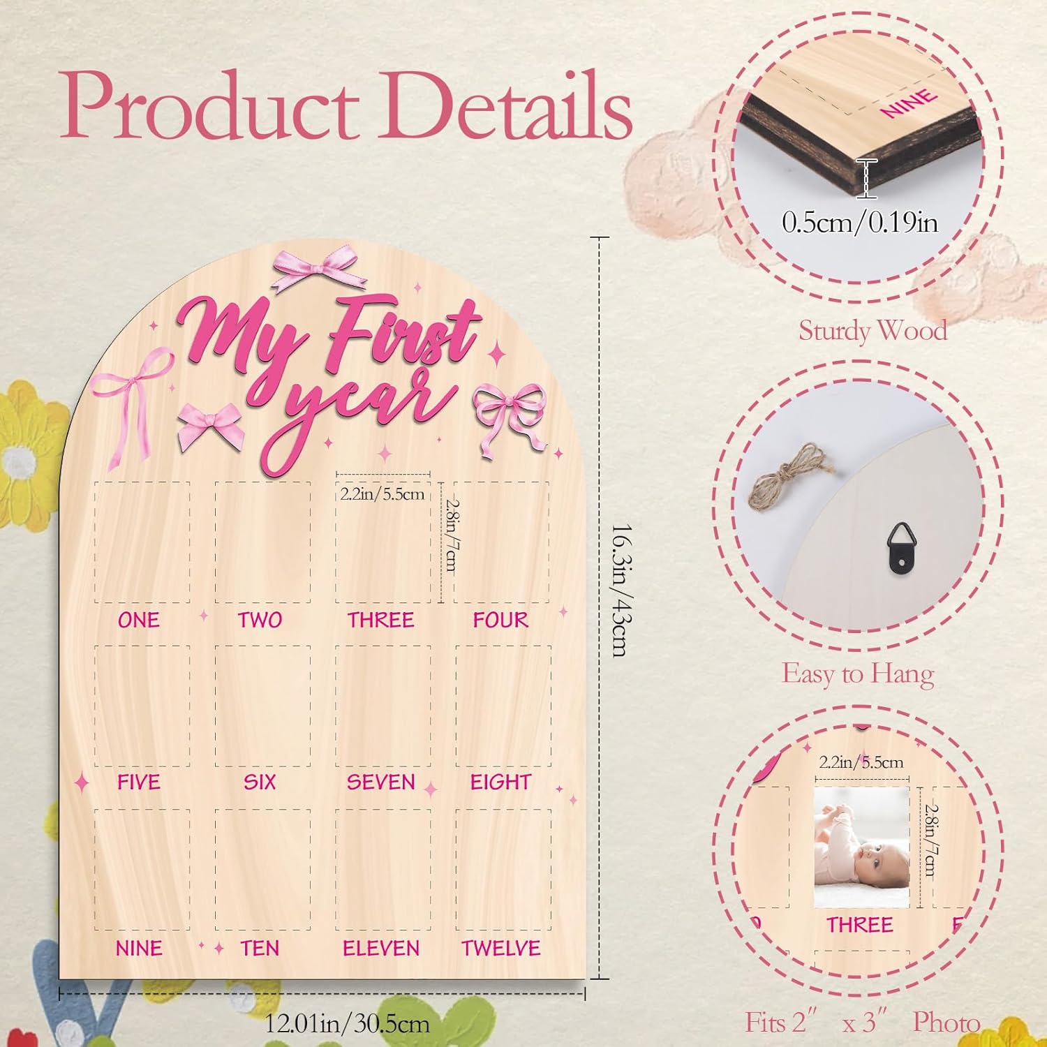 My First Year Photo Board - Pink Bow Wooden Frame 1