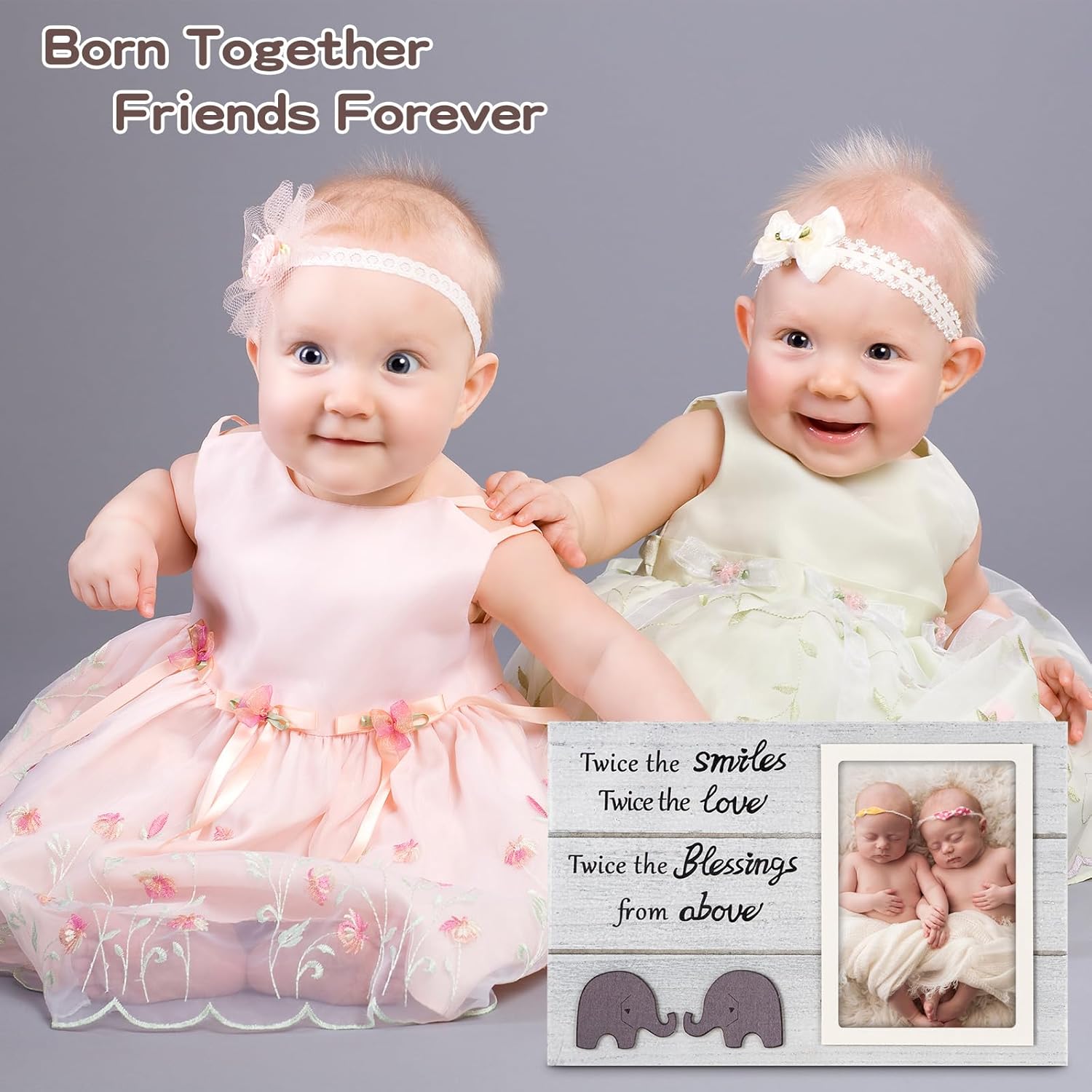 Twins Picture Frame with Elephant Design - 4x6 White