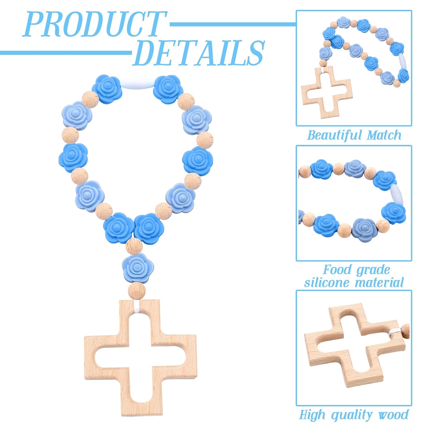 Landical Cross Baptism Silicone Rosary Baby Shower Gift Rose Blue