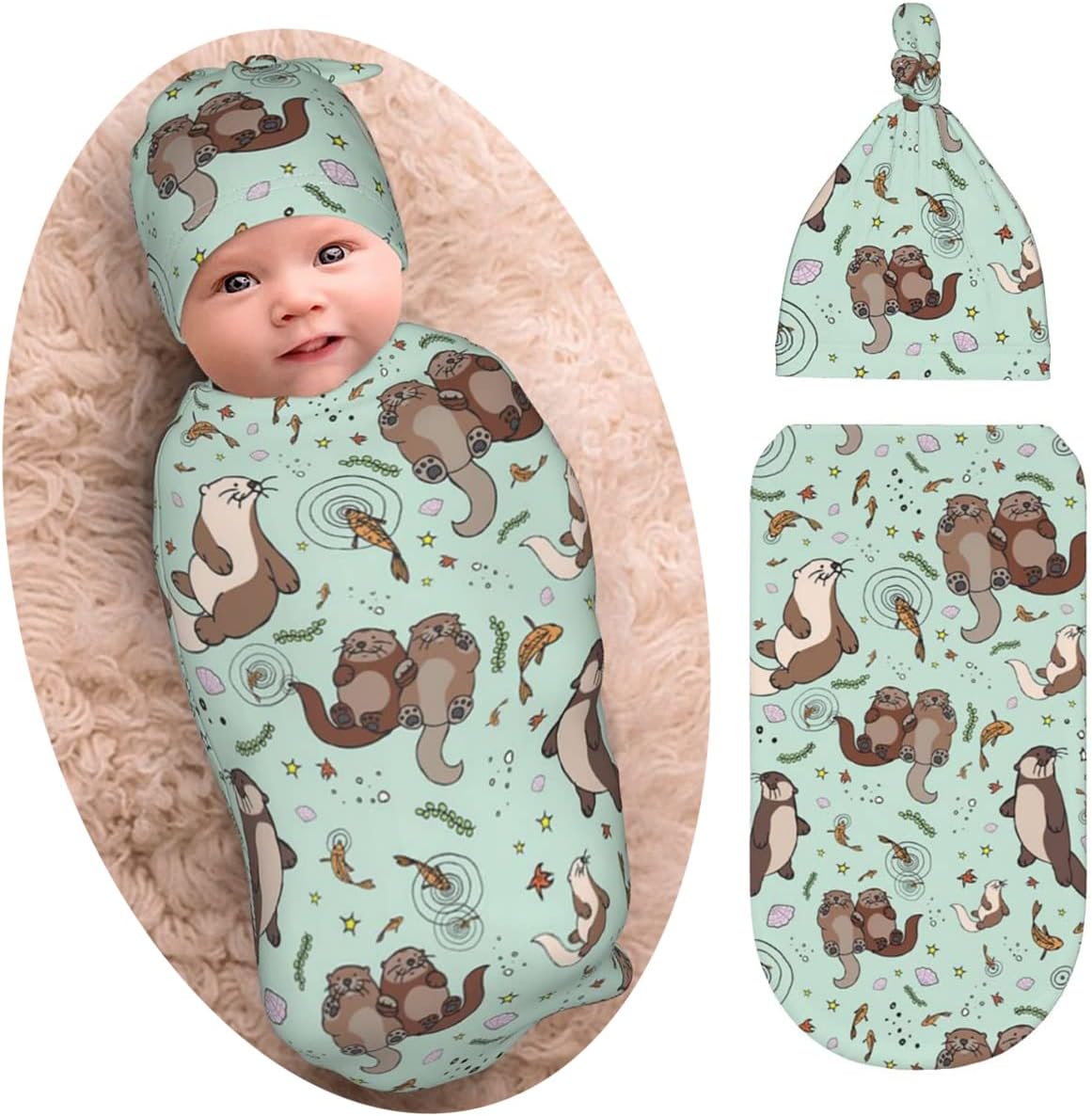 Osvbs Cute Sea Otters Swaddle Blanket Beanie Hat Set